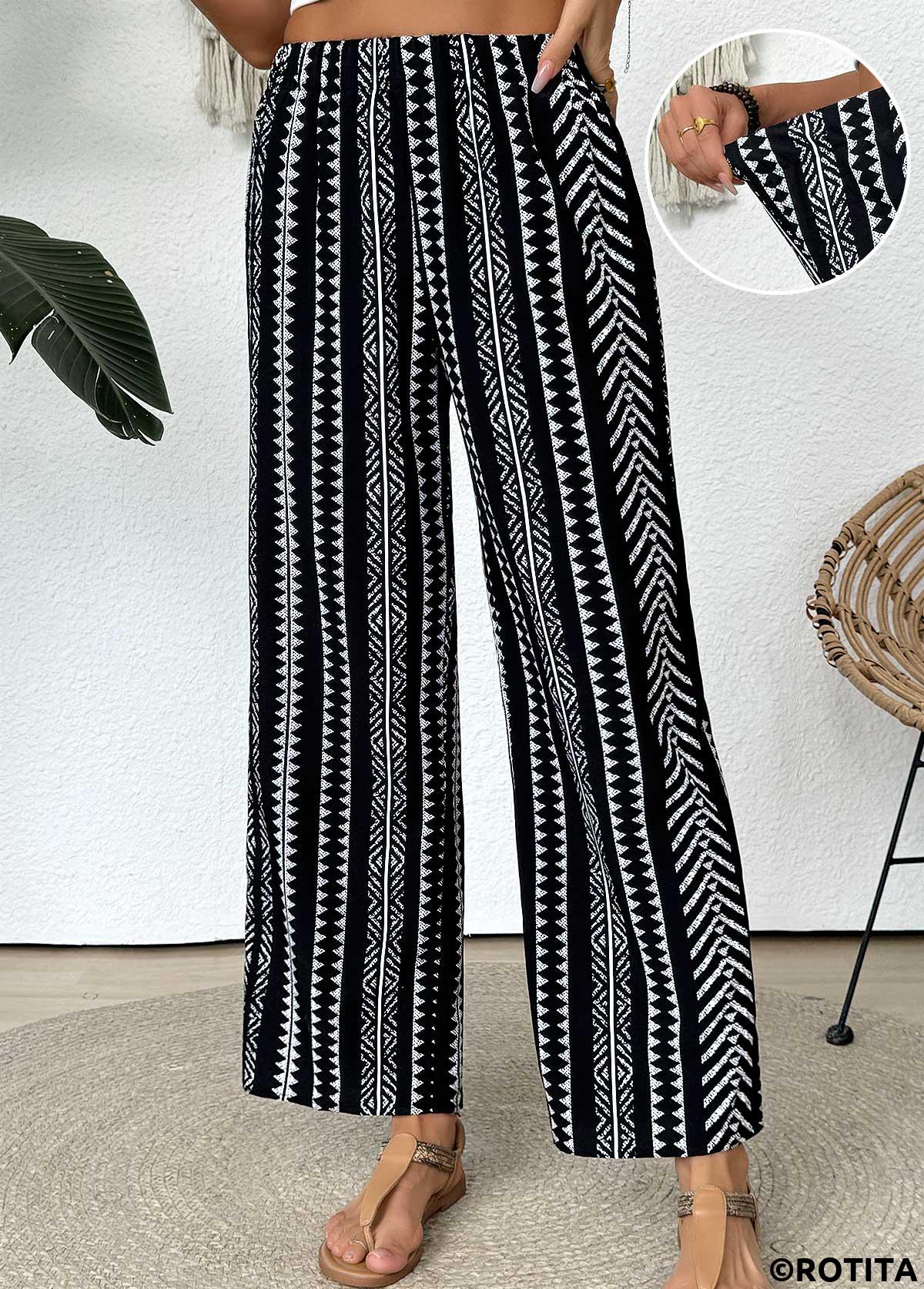 Black bottoms,Tribal bottoms,Tribal Print Black Straight Leg Elastic Waist Pants