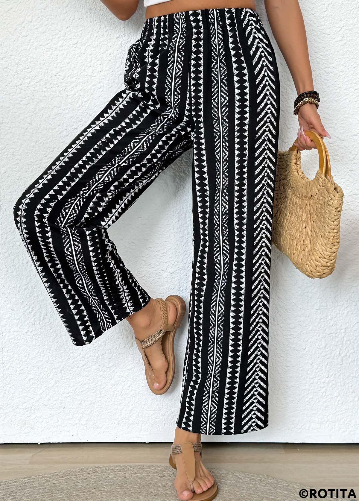 Black bottoms,Tribal bottoms,Tribal Print Black Straight Leg Elastic Waist Pants