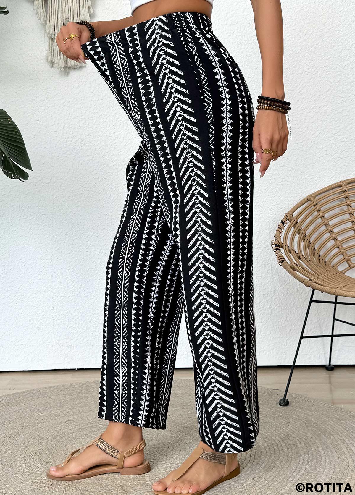 Black bottoms,Tribal bottoms,Tribal Print Black Straight Leg Elastic Waist Pants
