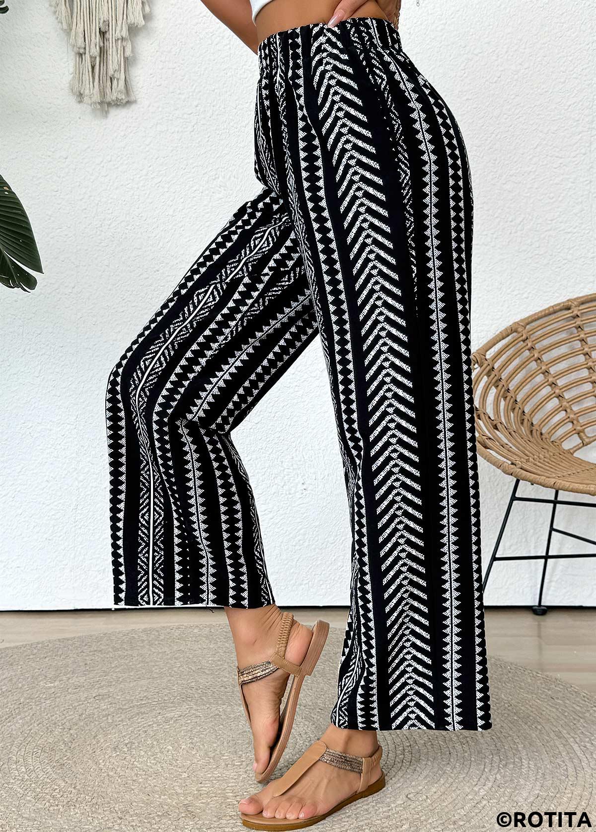 Black bottoms,Tribal bottoms,Tribal Print Black Straight Leg Elastic Waist Pants
