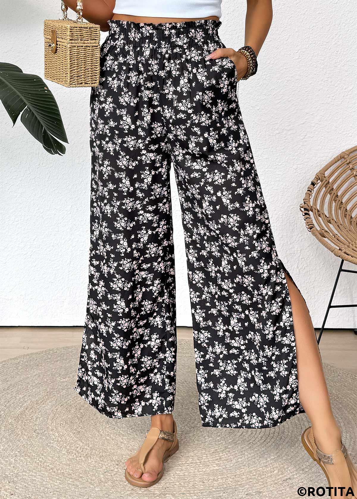 Black bottoms,Ditsy Floral bottoms,Ditsy Floral Print Black Wide Leg Elastic Waist Pants