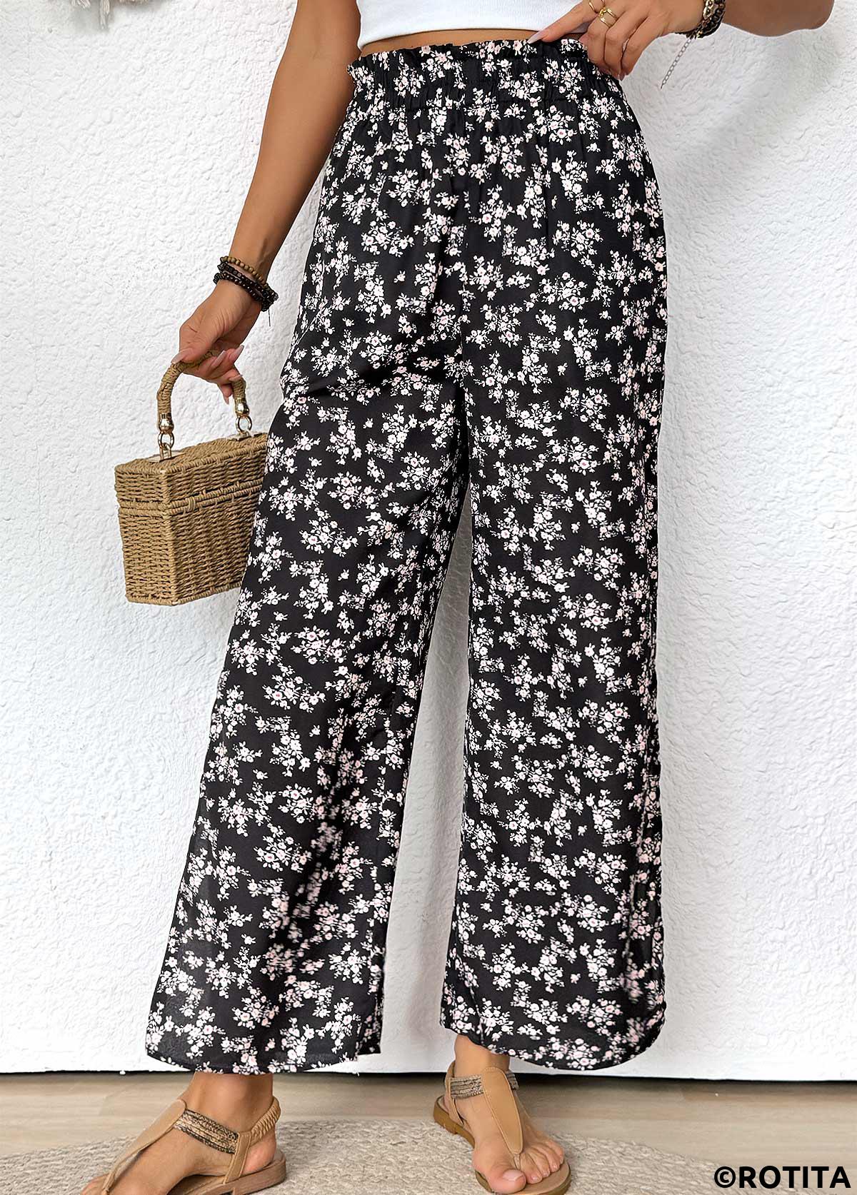 Black bottoms,Ditsy Floral bottoms,Ditsy Floral Print Black Wide Leg Elastic Waist Pants