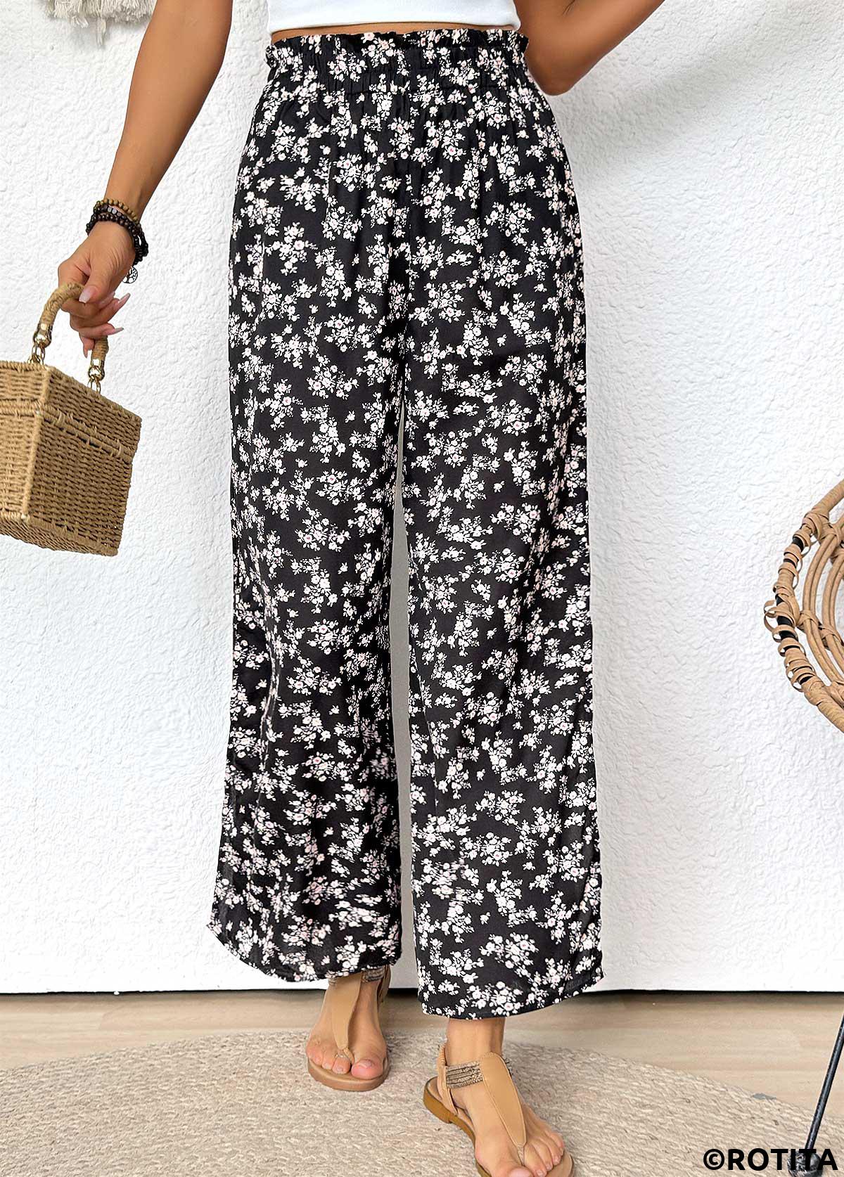 Black bottoms,Ditsy Floral bottoms,Ditsy Floral Print Black Wide Leg Elastic Waist Pants