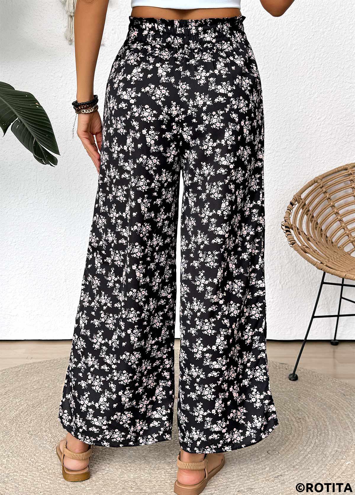 Black bottoms,Ditsy Floral bottoms,Ditsy Floral Print Black Wide Leg Elastic Waist Pants