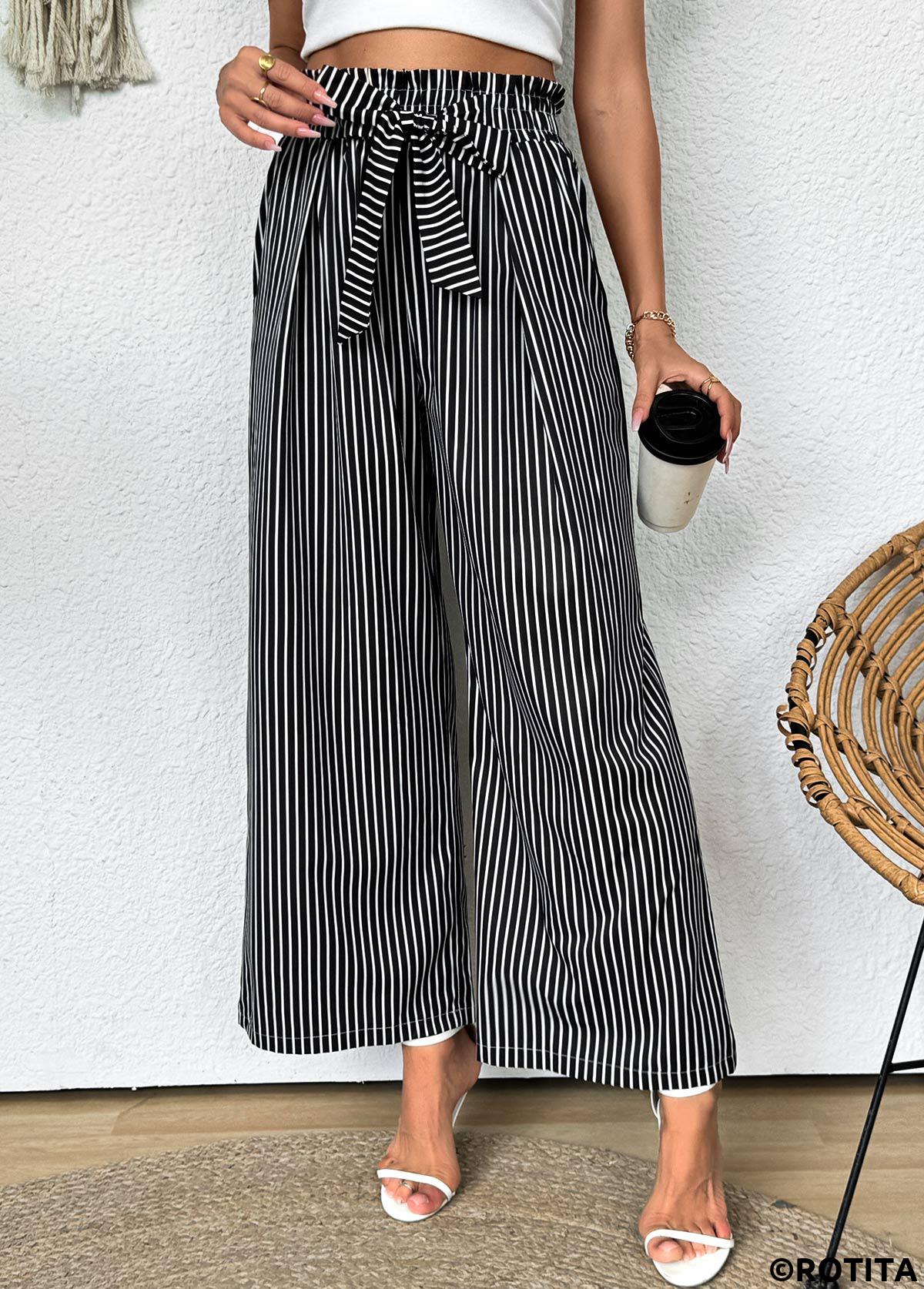 Dark Grey bottoms,Striped bottoms,Geometric bottoms,Striped Dark Grey Wide Leg Elastic Waist Pants