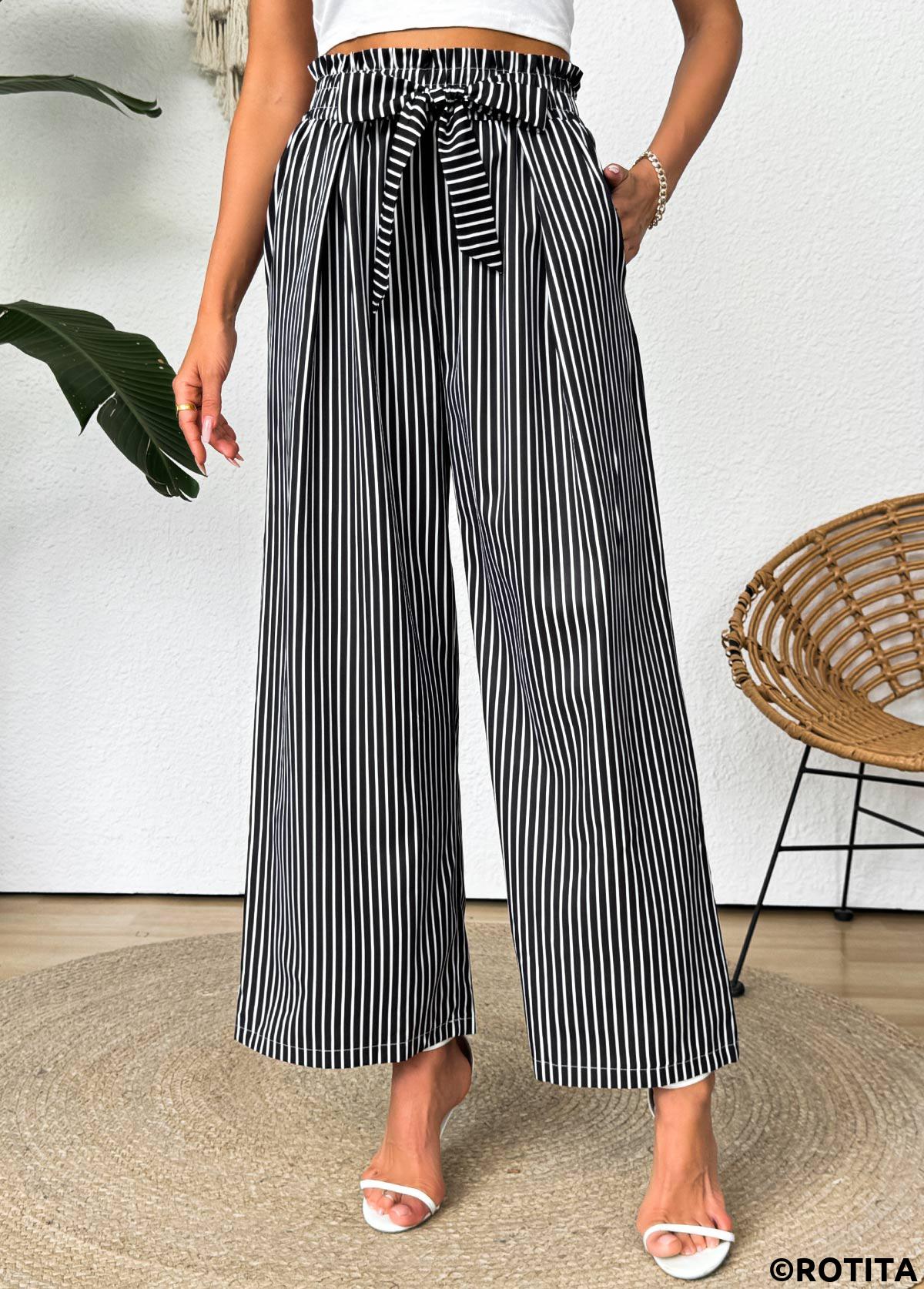 Dark Grey bottoms,Striped bottoms,Geometric bottoms,Striped Dark Grey Wide Leg Elastic Waist Pants