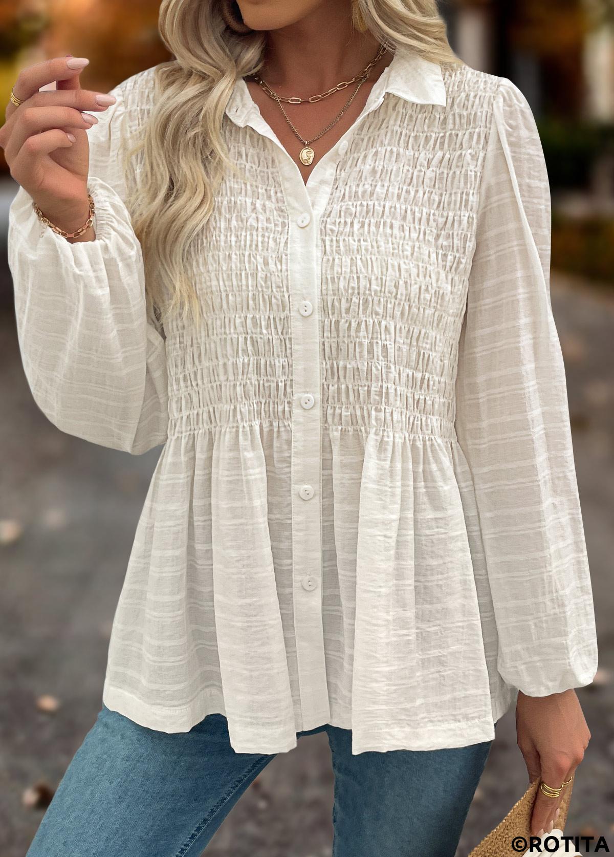 Beige tops,Plain Color tops,ROTITA Tummy Coverage Beige Shirt Collar Long Sleeve Blouse