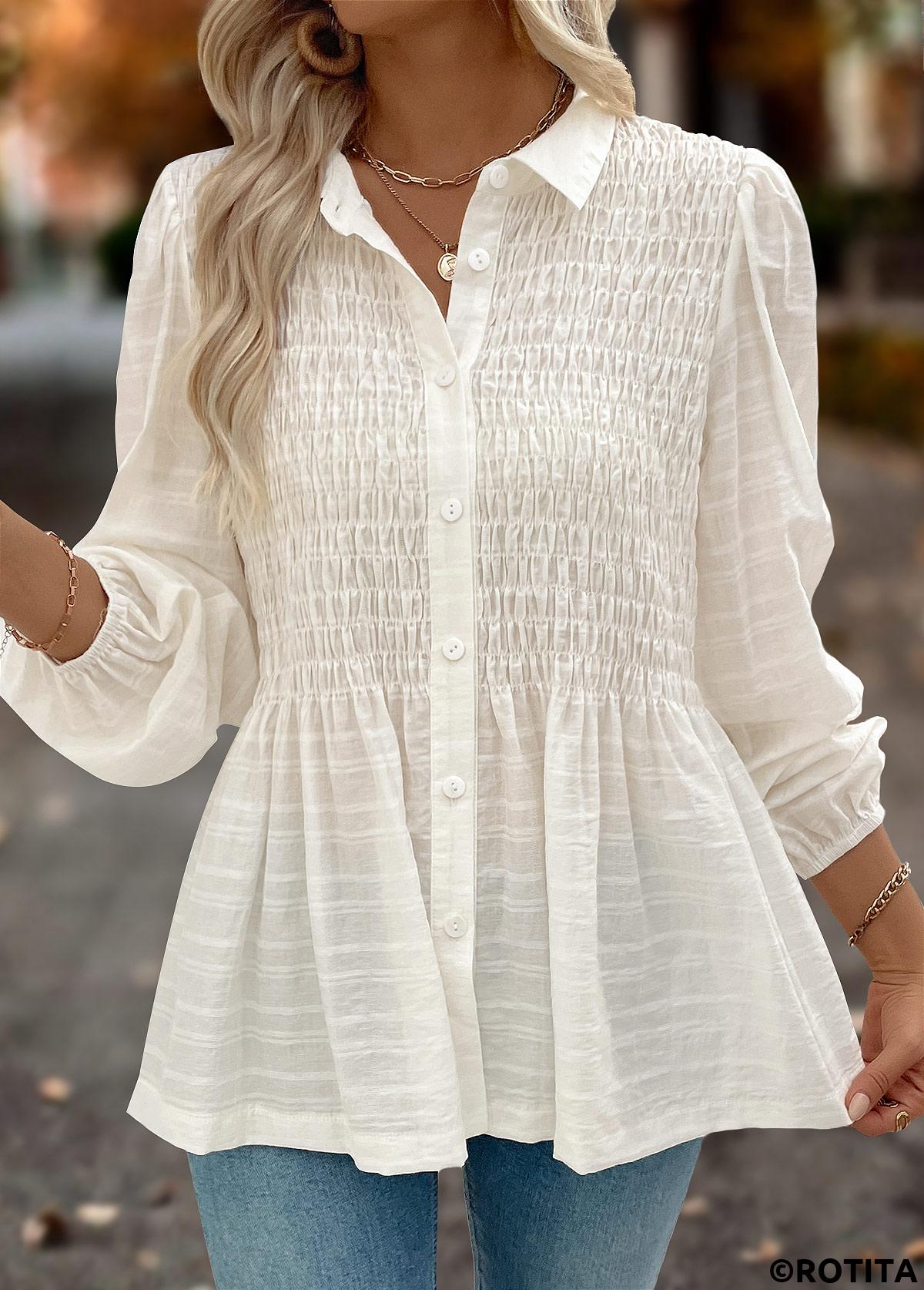Beige tops,Plain Color tops,ROTITA Tummy Coverage Beige Shirt Collar Long Sleeve Blouse