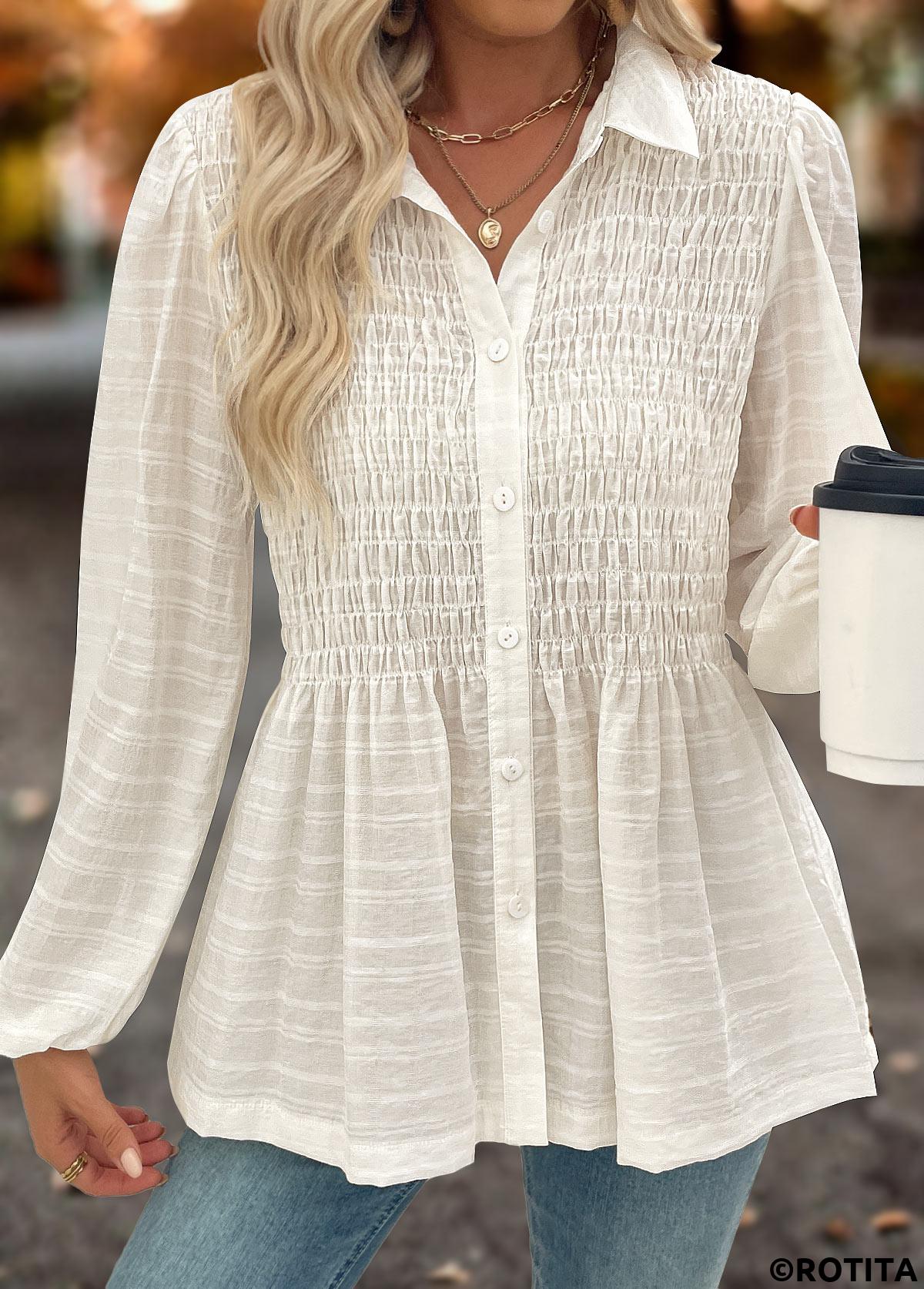 Beige tops,Plain Color tops,ROTITA Tummy Coverage Beige Shirt Collar Long Sleeve Blouse