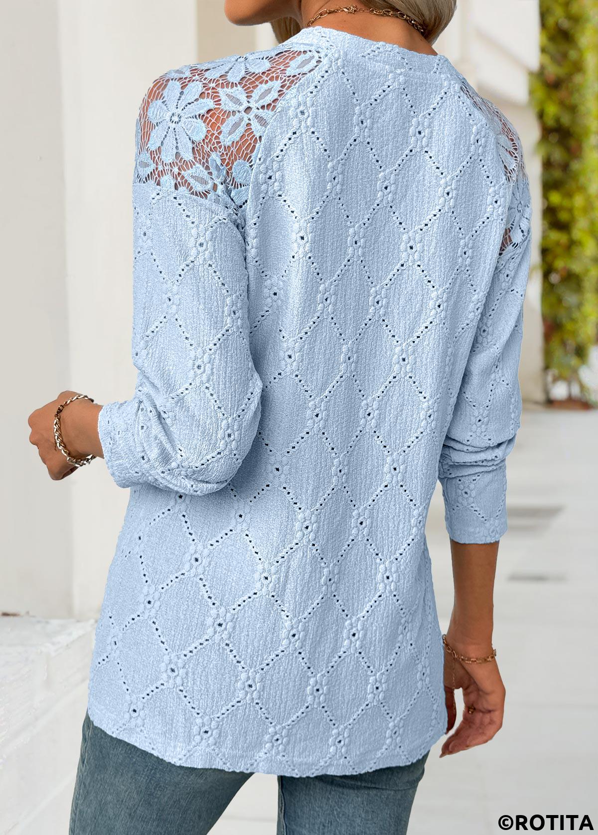 Light Blue tops,Plain Color tops,ROTITA Light Blue Round Neck Long Sleeve T Shirt