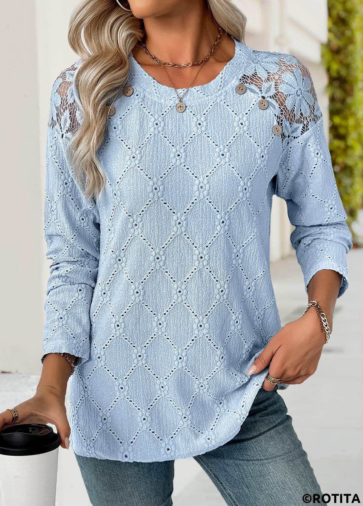 Light Blue tops,Plain Color tops,ROTITA Light Blue Round Neck Long Sleeve T Shirt