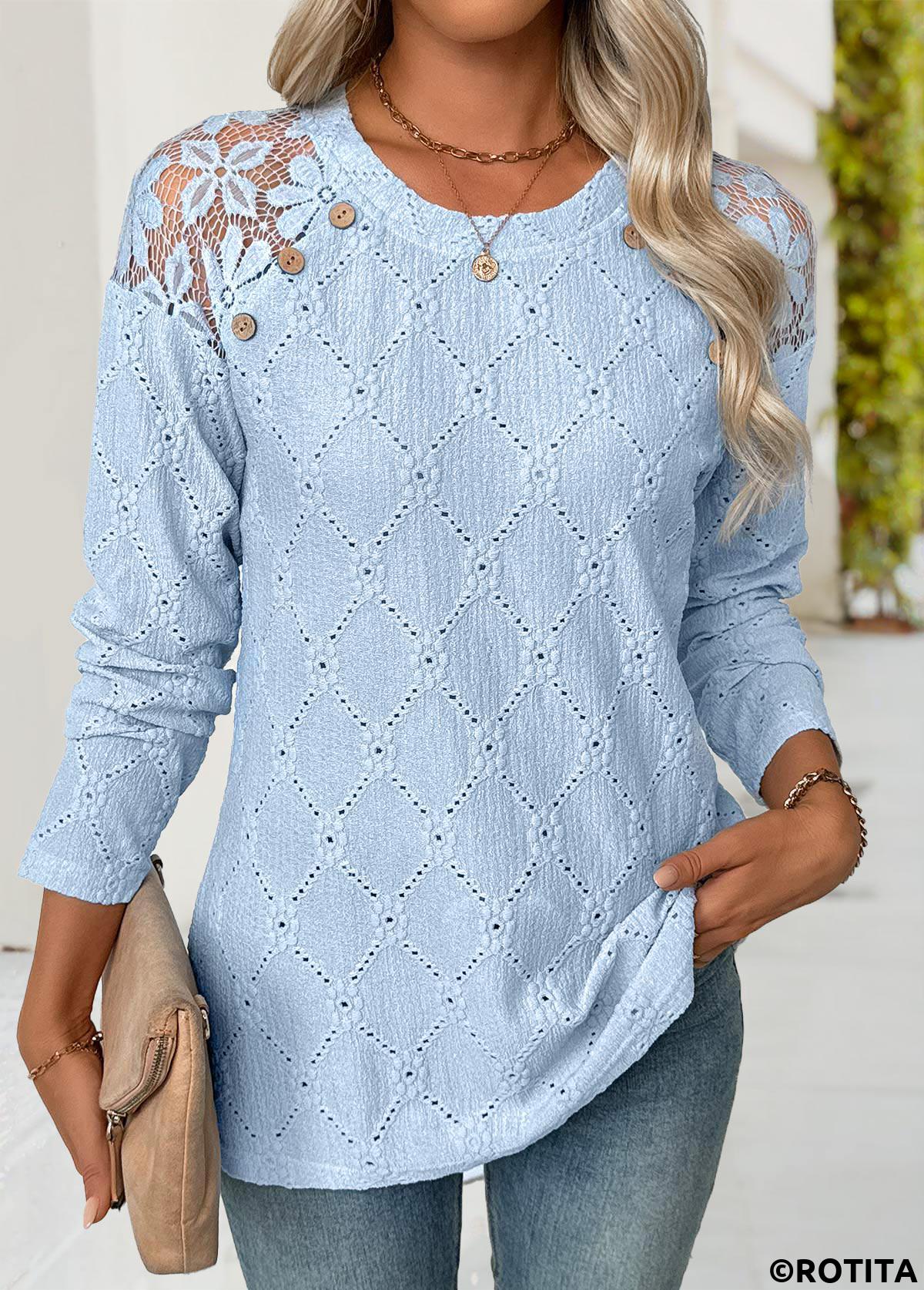Light Blue tops,Plain Color tops,ROTITA Light Blue Round Neck Long Sleeve T Shirt