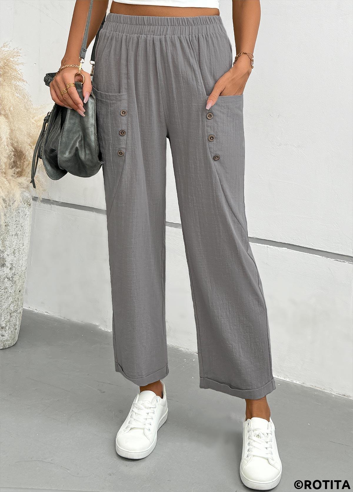 Light Grey bottoms,Plain Color bottoms,Light Grey Straight Leg Elastic Waist Mid Waisted Pants