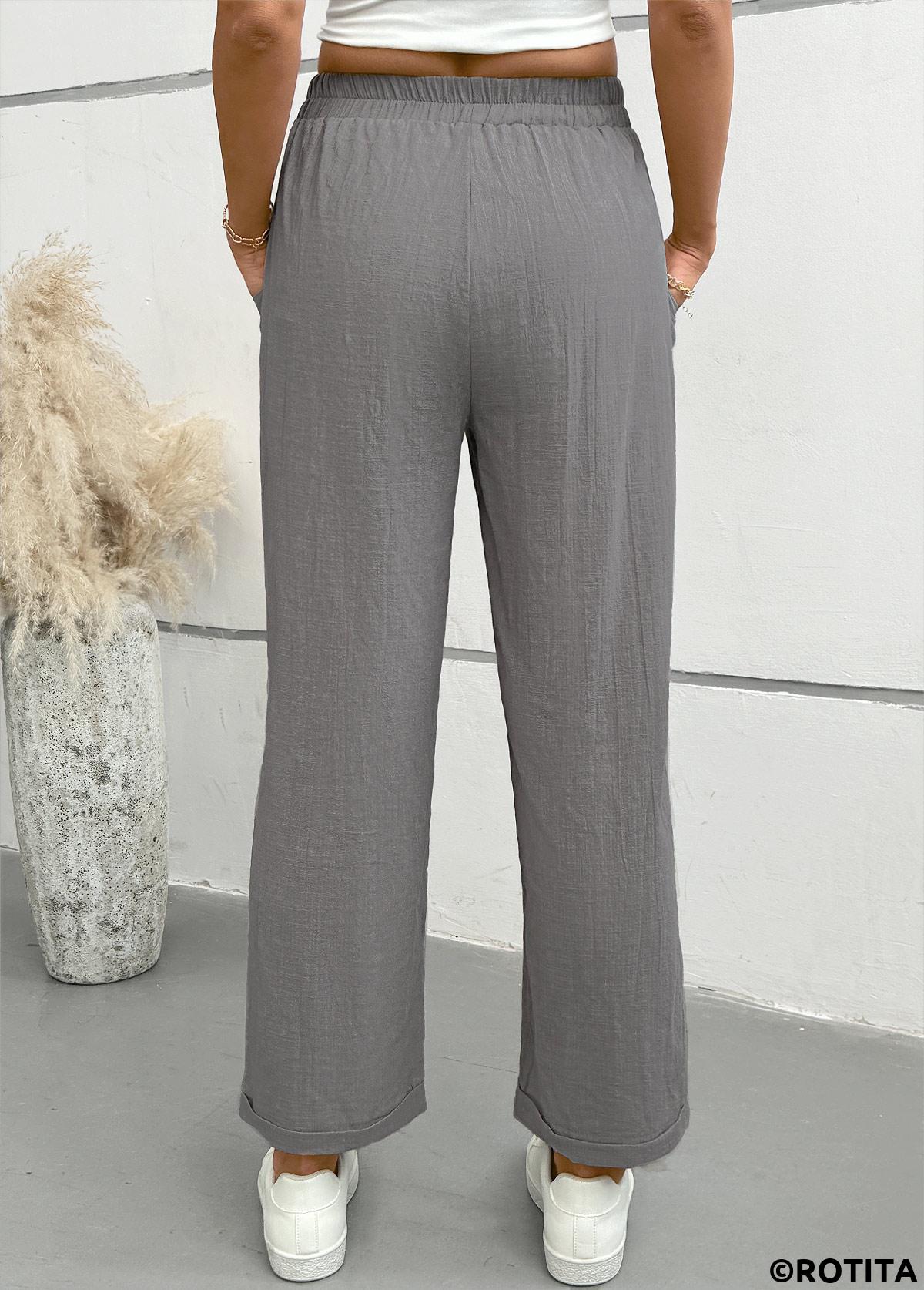 Light Grey bottoms,Plain Color bottoms,Light Grey Straight Leg Elastic Waist Mid Waisted Pants