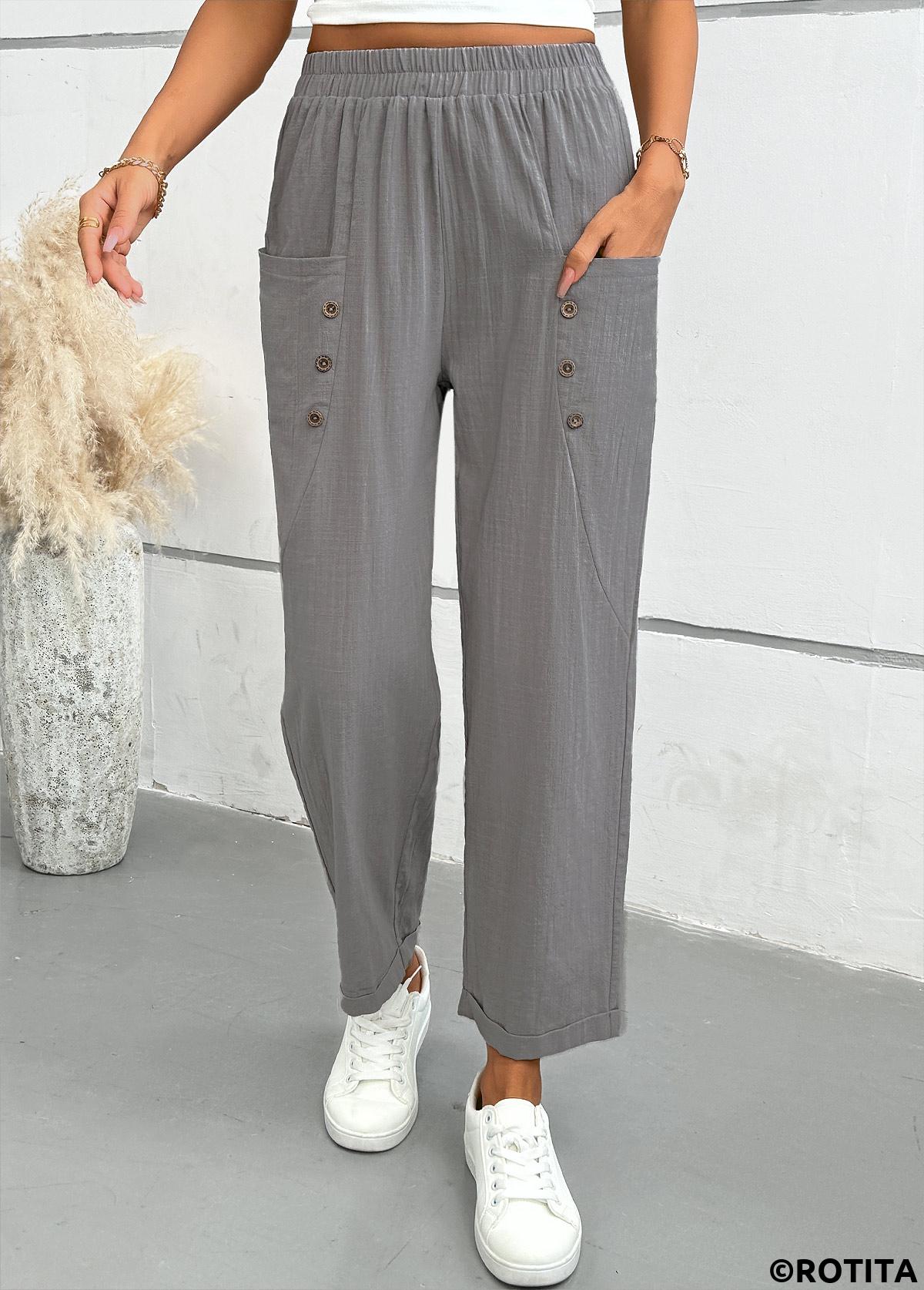 Light Grey bottoms,Plain Color bottoms,Light Grey Straight Leg Elastic Waist Mid Waisted Pants