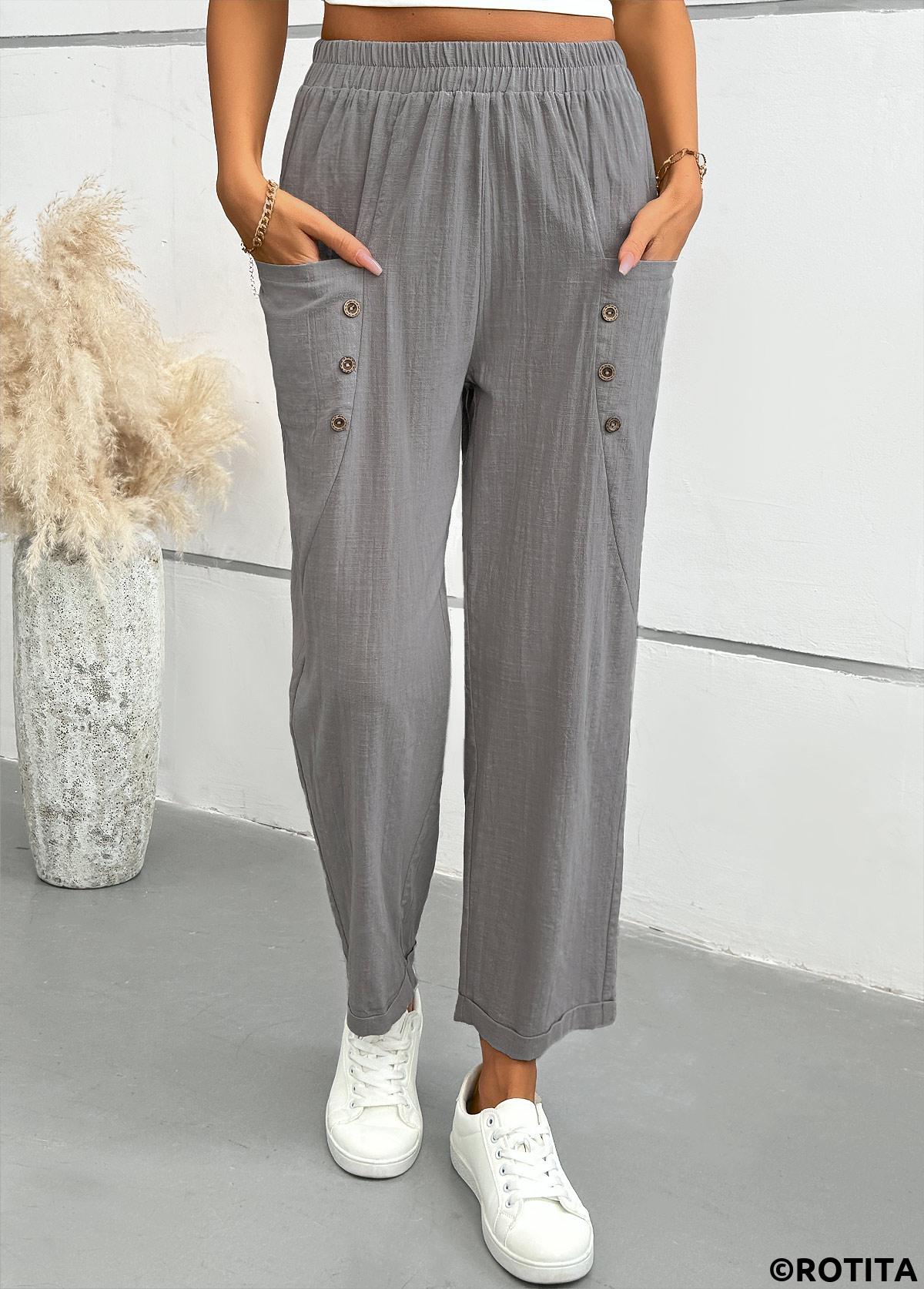 Light Grey bottoms,Plain Color bottoms,Light Grey Straight Leg Elastic Waist Mid Waisted Pants