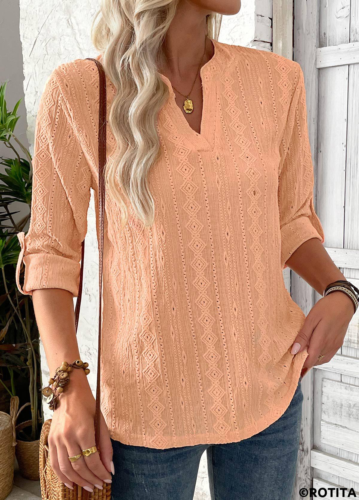 Orange tops,Plain Color tops,ROTITA Dusty Pink Split Neck 3/4 Sleeve Blouse