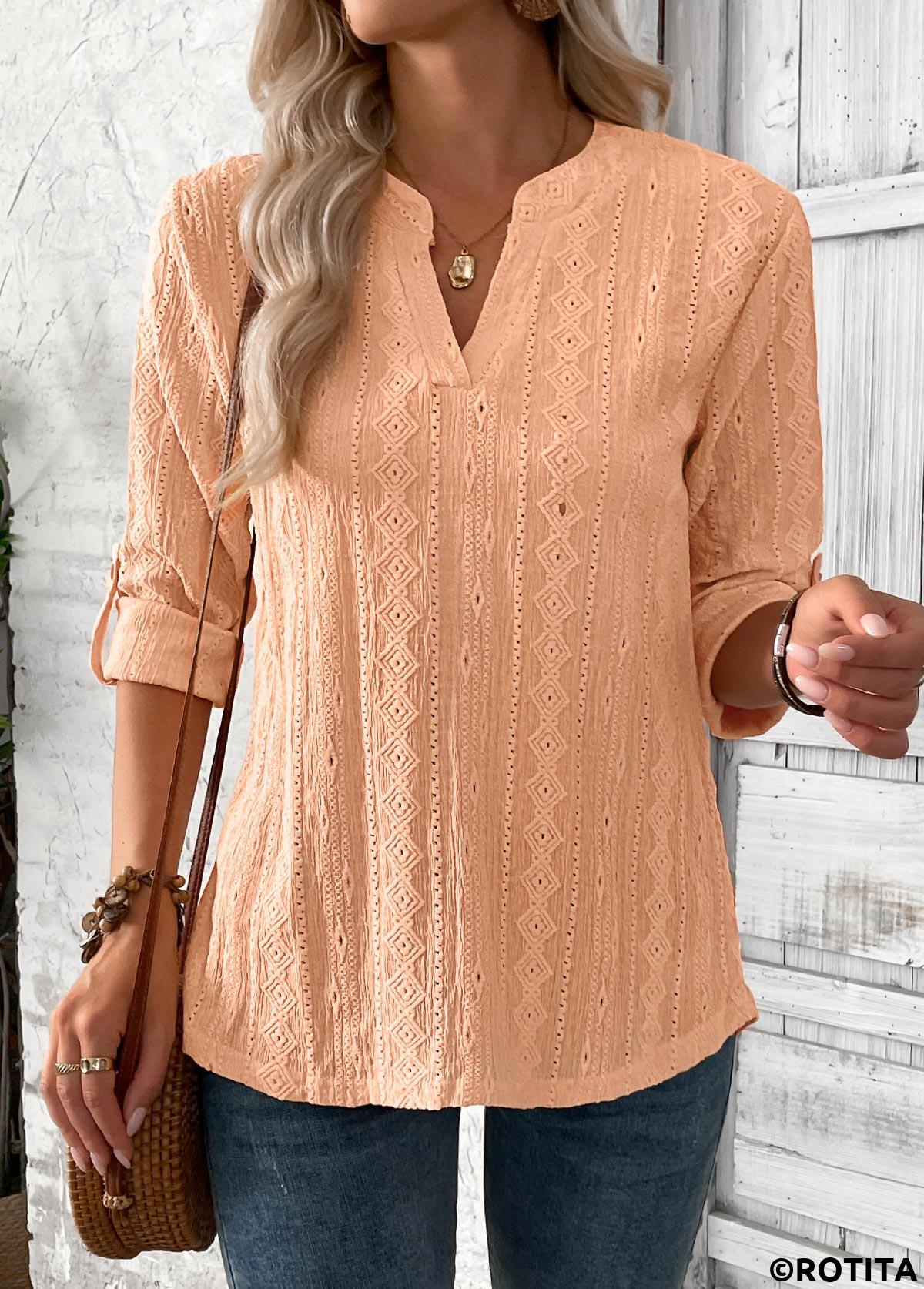 Orange tops,Plain Color tops,ROTITA Dusty Pink Split Neck 3/4 Sleeve Blouse