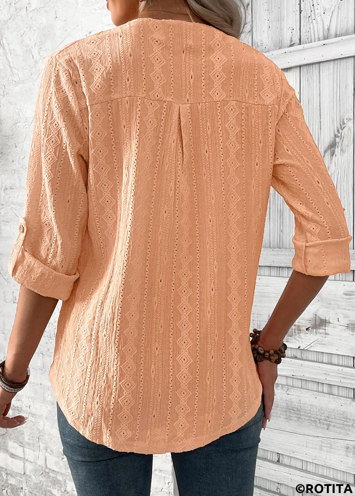 Orange tops,Plain Color tops,ROTITA Dusty Pink Split Neck 3/4 Sleeve Blouse
