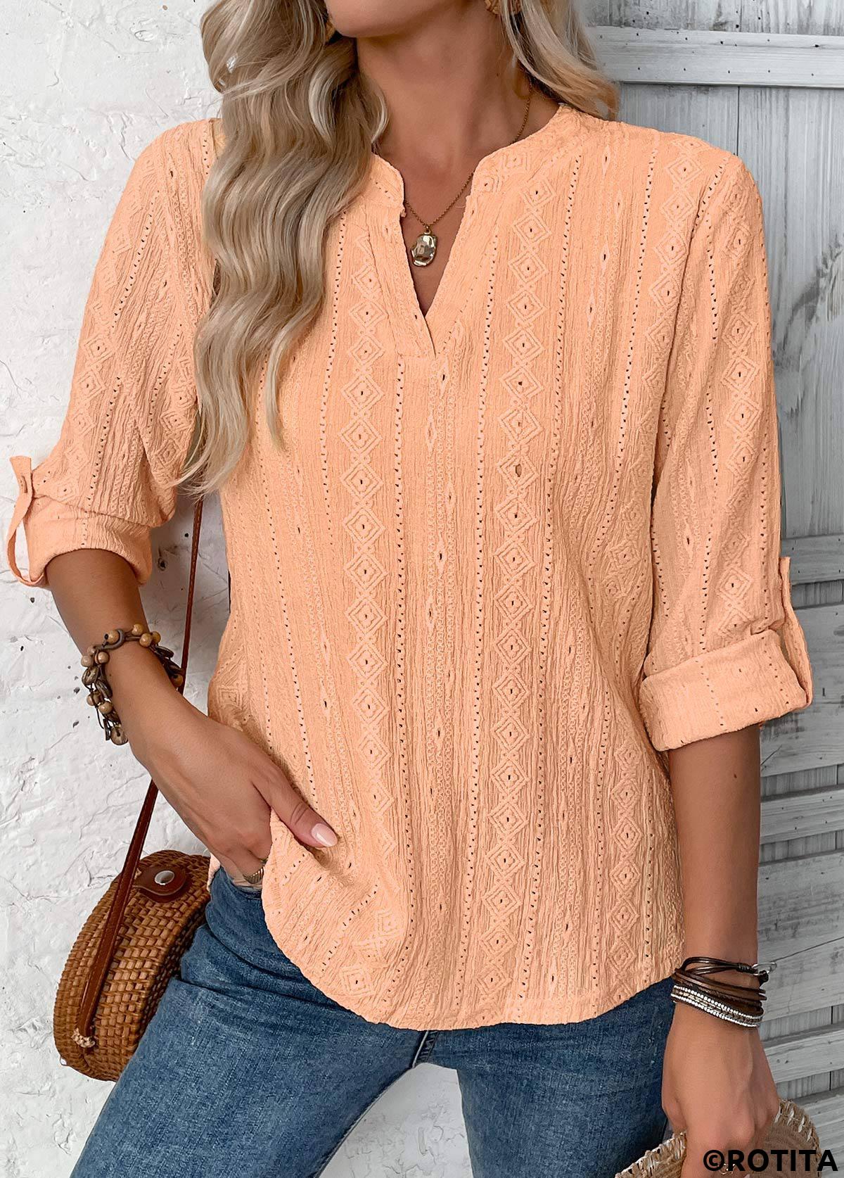 Orange tops,Plain Color tops,ROTITA Dusty Pink Split Neck 3/4 Sleeve Blouse