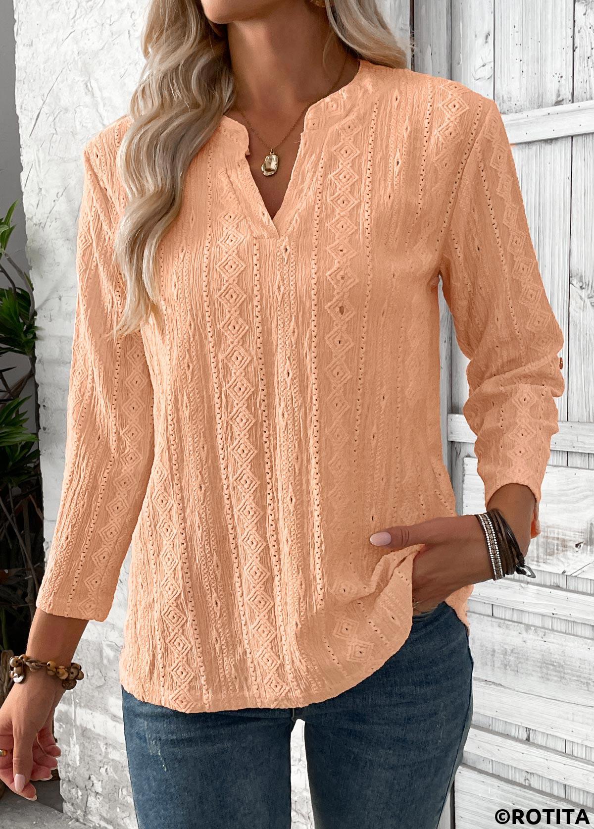 Orange tops,Plain Color tops,ROTITA Dusty Pink Split Neck 3/4 Sleeve Blouse
