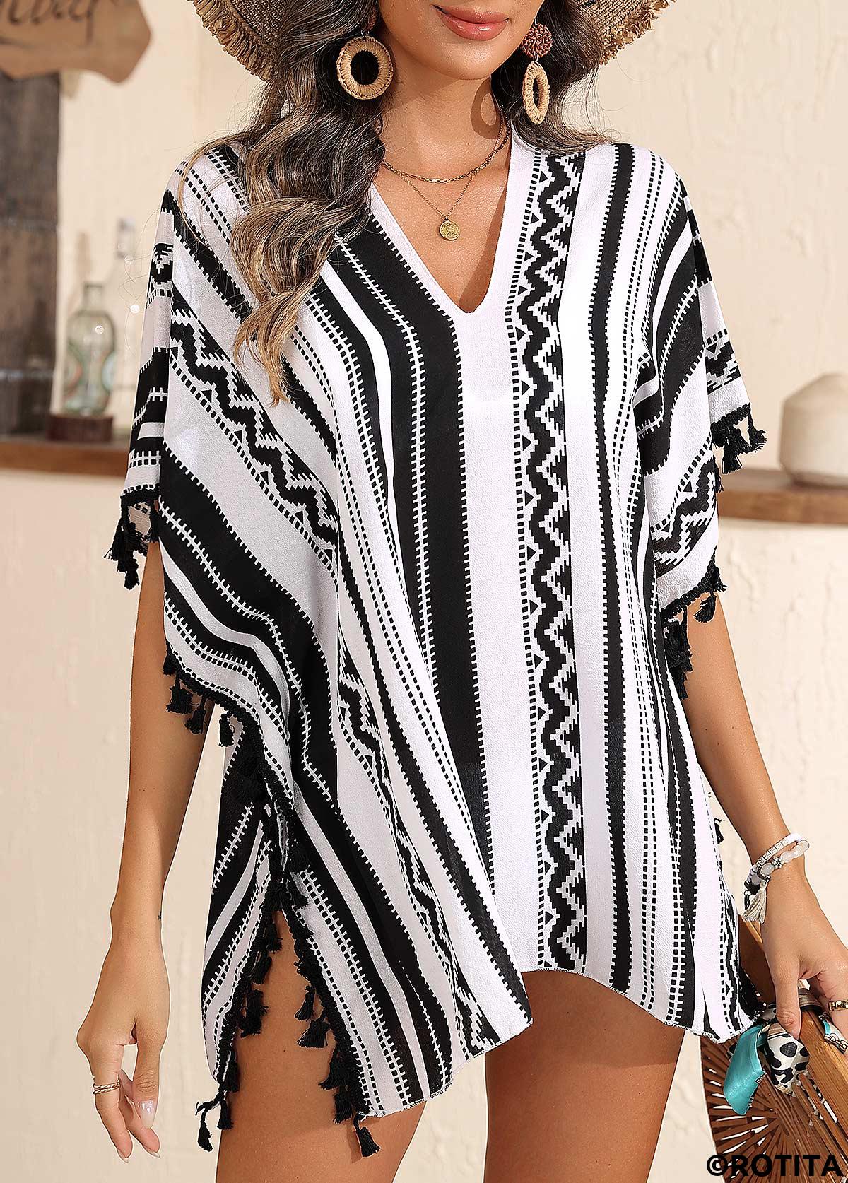Black swimwear,Geometric swimwear,Black Geometric Print V Neck Cover Up