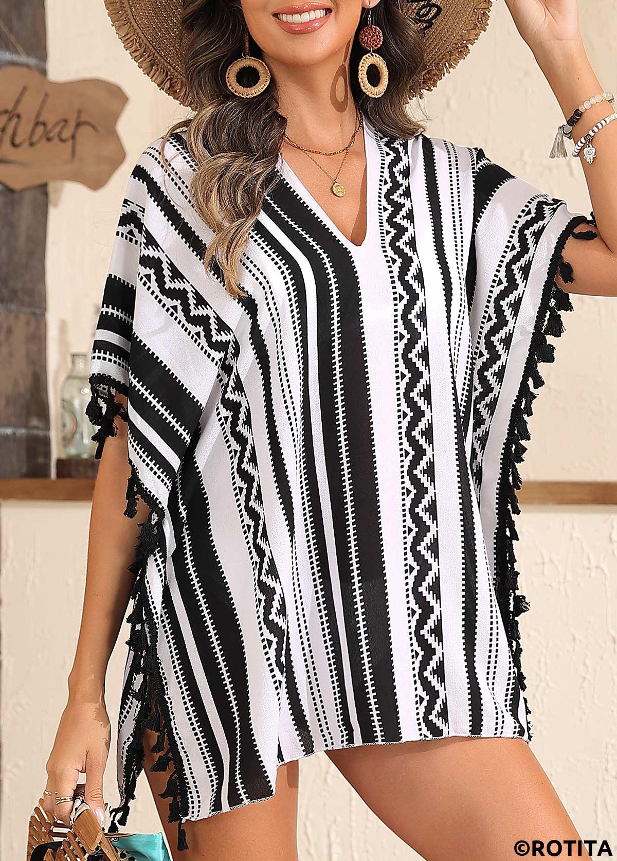 Black swimwear,Geometric swimwear,Black Geometric Print V Neck Cover Up