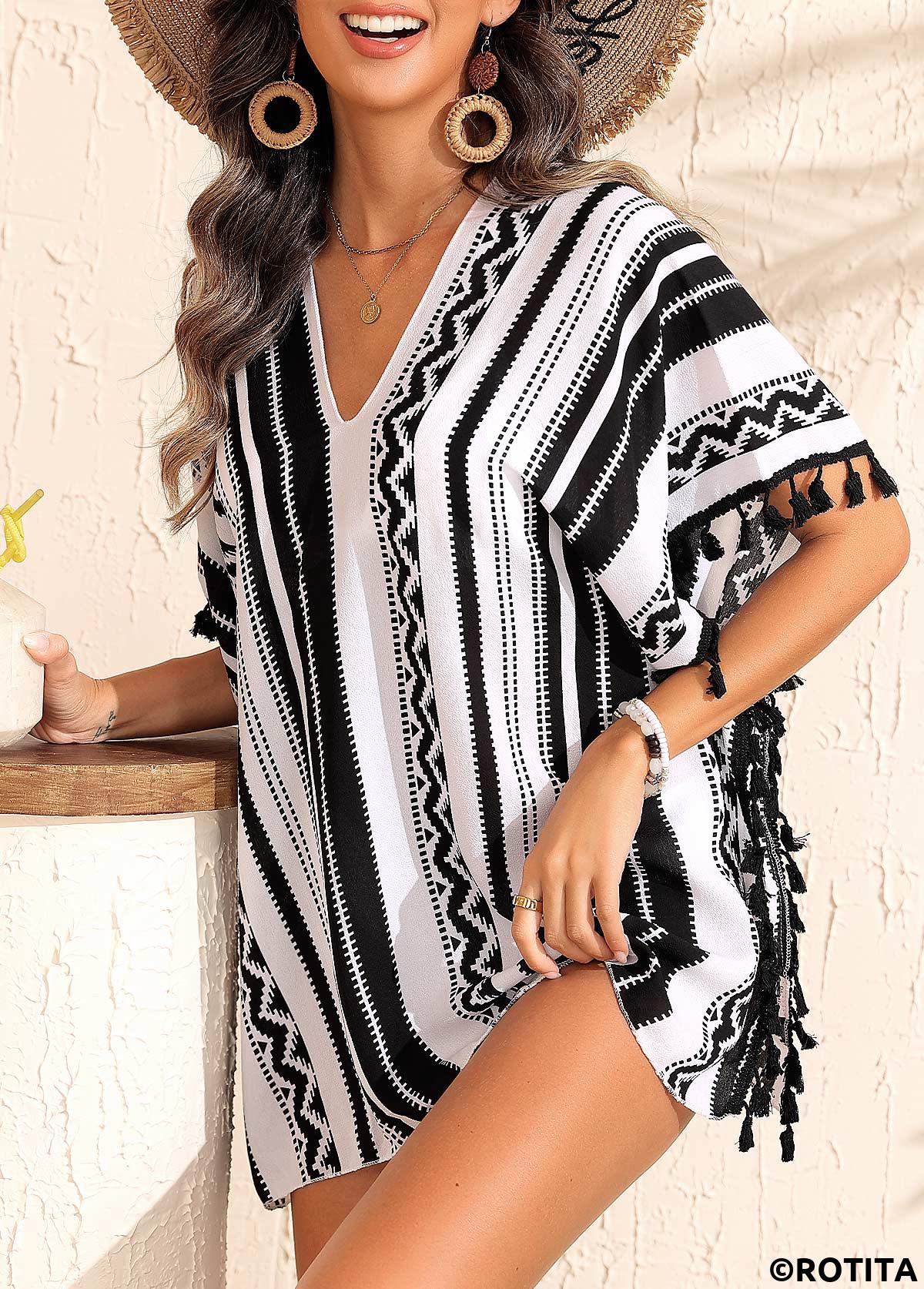 Black swimwear,Geometric swimwear,Black Geometric Print V Neck Cover Up