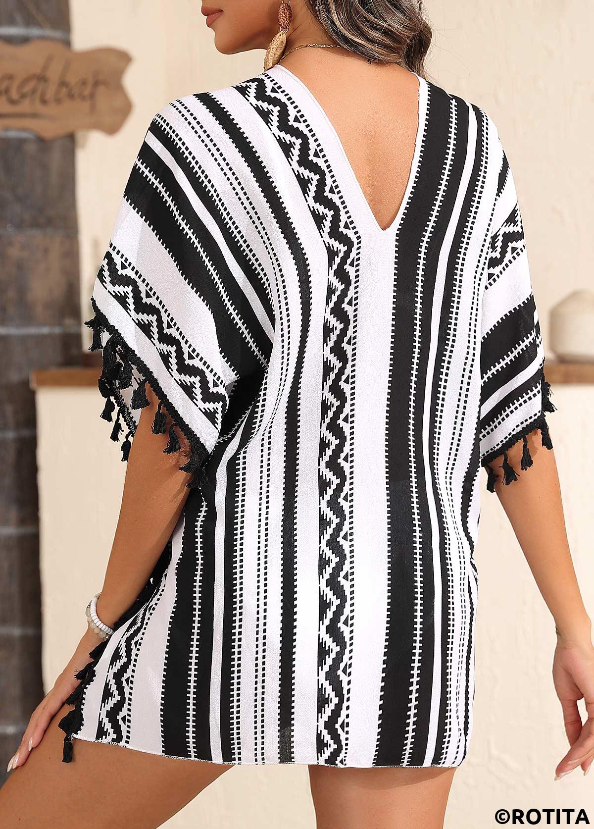 Black swimwear,Geometric swimwear,Black Geometric Print V Neck Cover Up