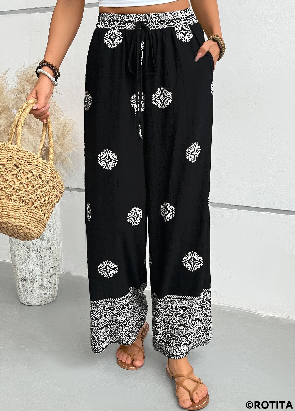Black bottoms,Tribal bottoms,Tribal Print Black Wide Leg Elastic Waist Pants