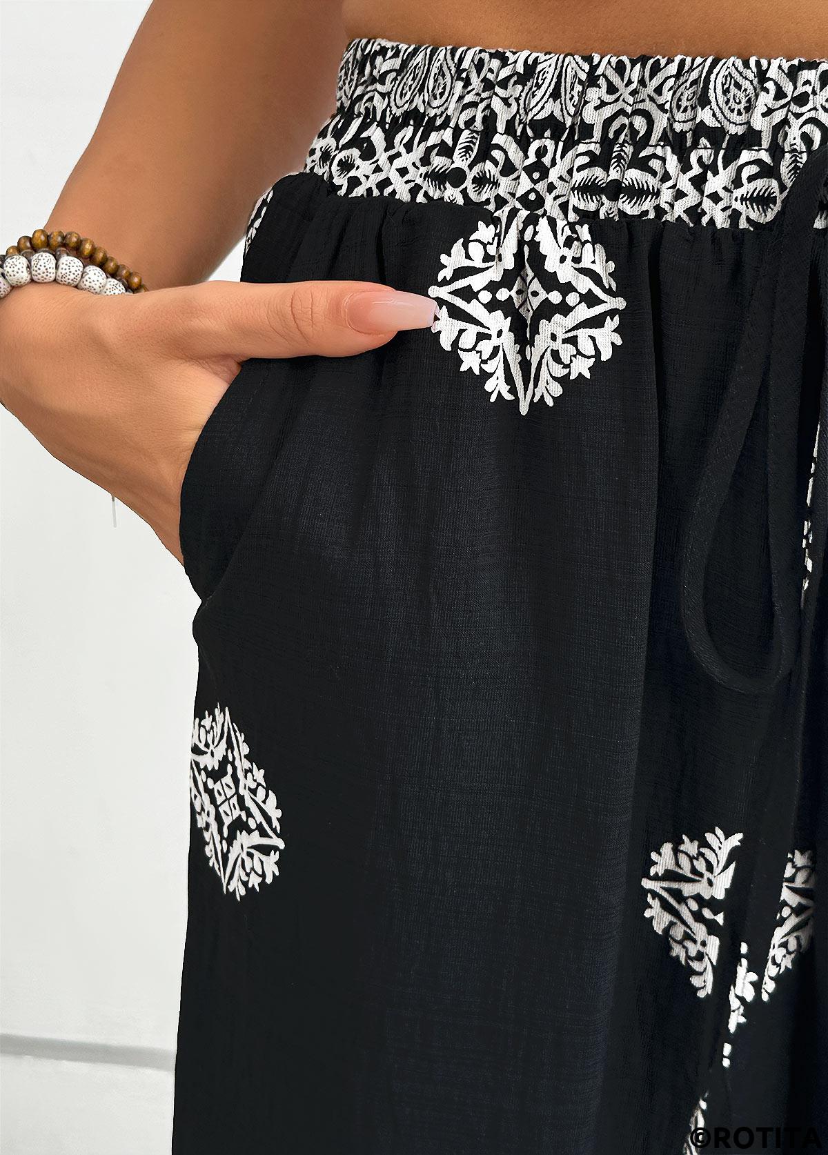 Black bottoms,Tribal bottoms,Tribal Print Black Wide Leg Elastic Waist Pants