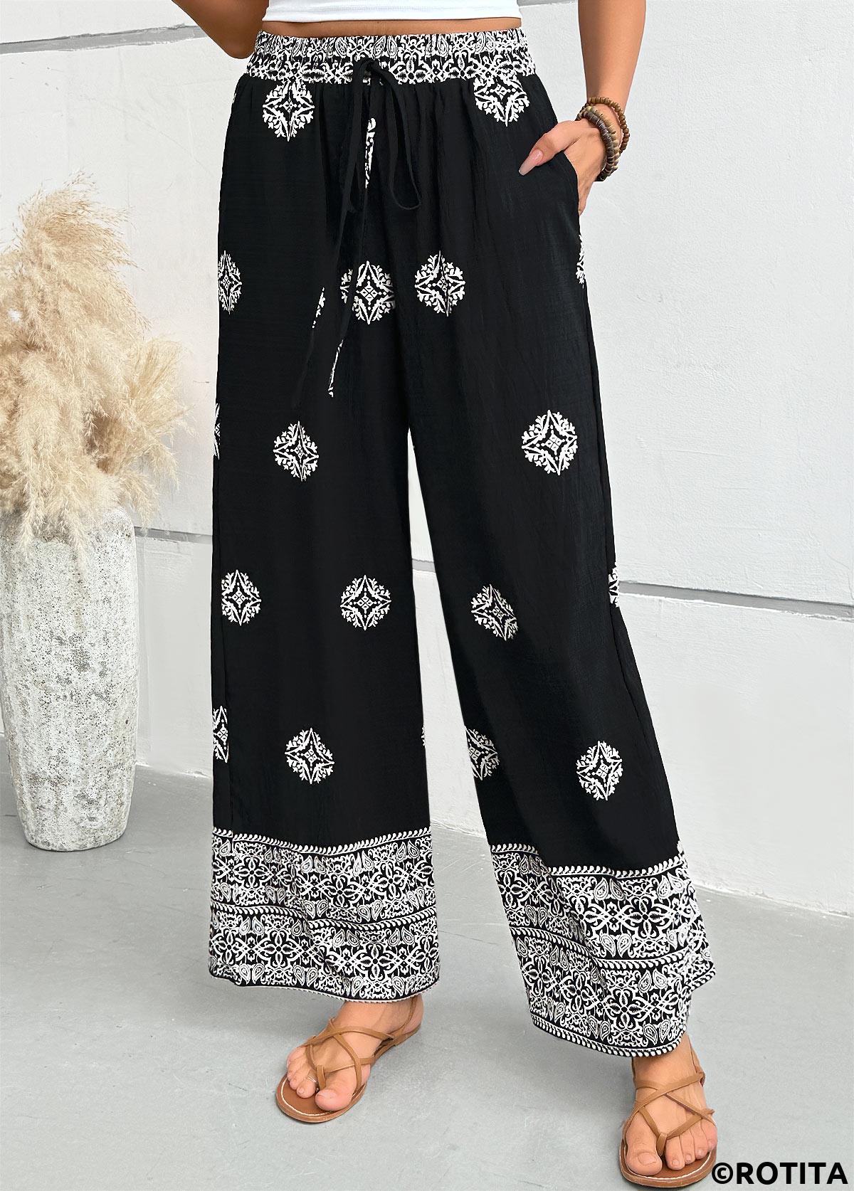 Black bottoms,Tribal bottoms,Tribal Print Black Wide Leg Elastic Waist Pants