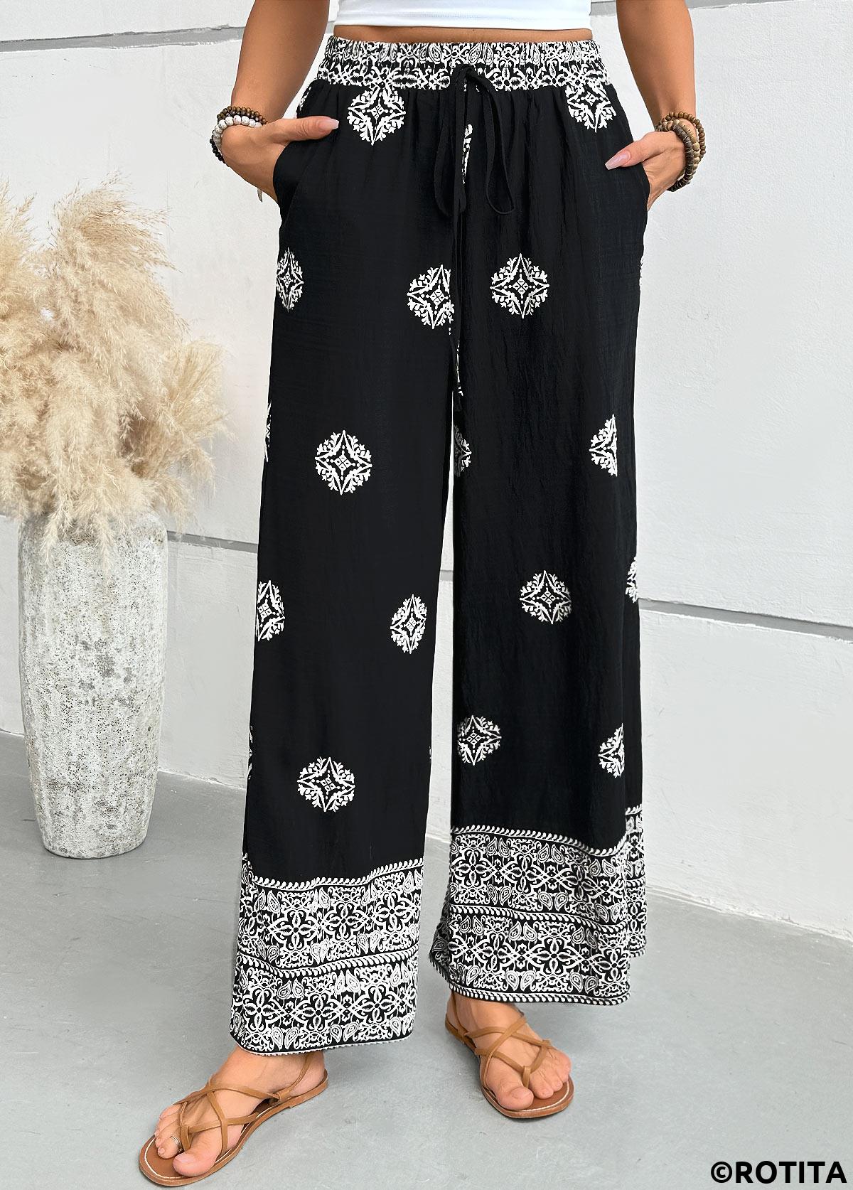 Black bottoms,Tribal bottoms,Tribal Print Black Wide Leg Elastic Waist Pants