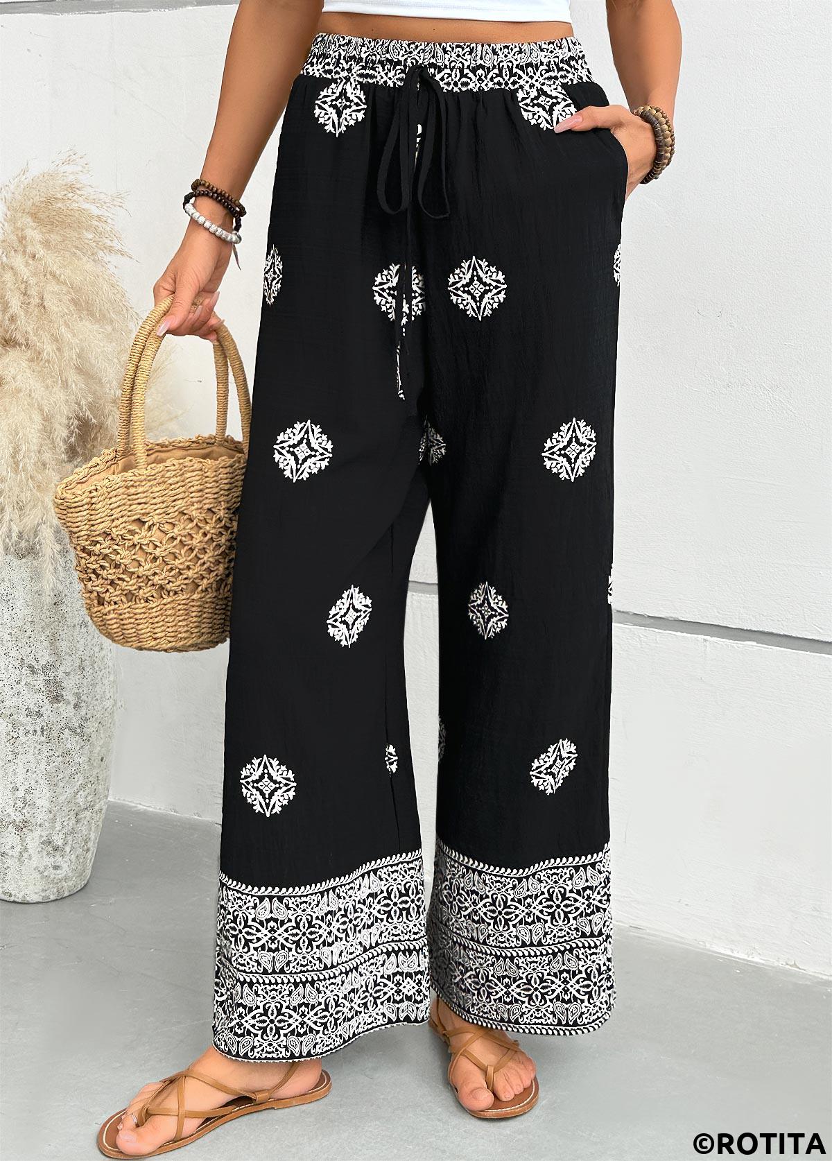 Black bottoms,Tribal bottoms,Tribal Print Black Wide Leg Elastic Waist Pants