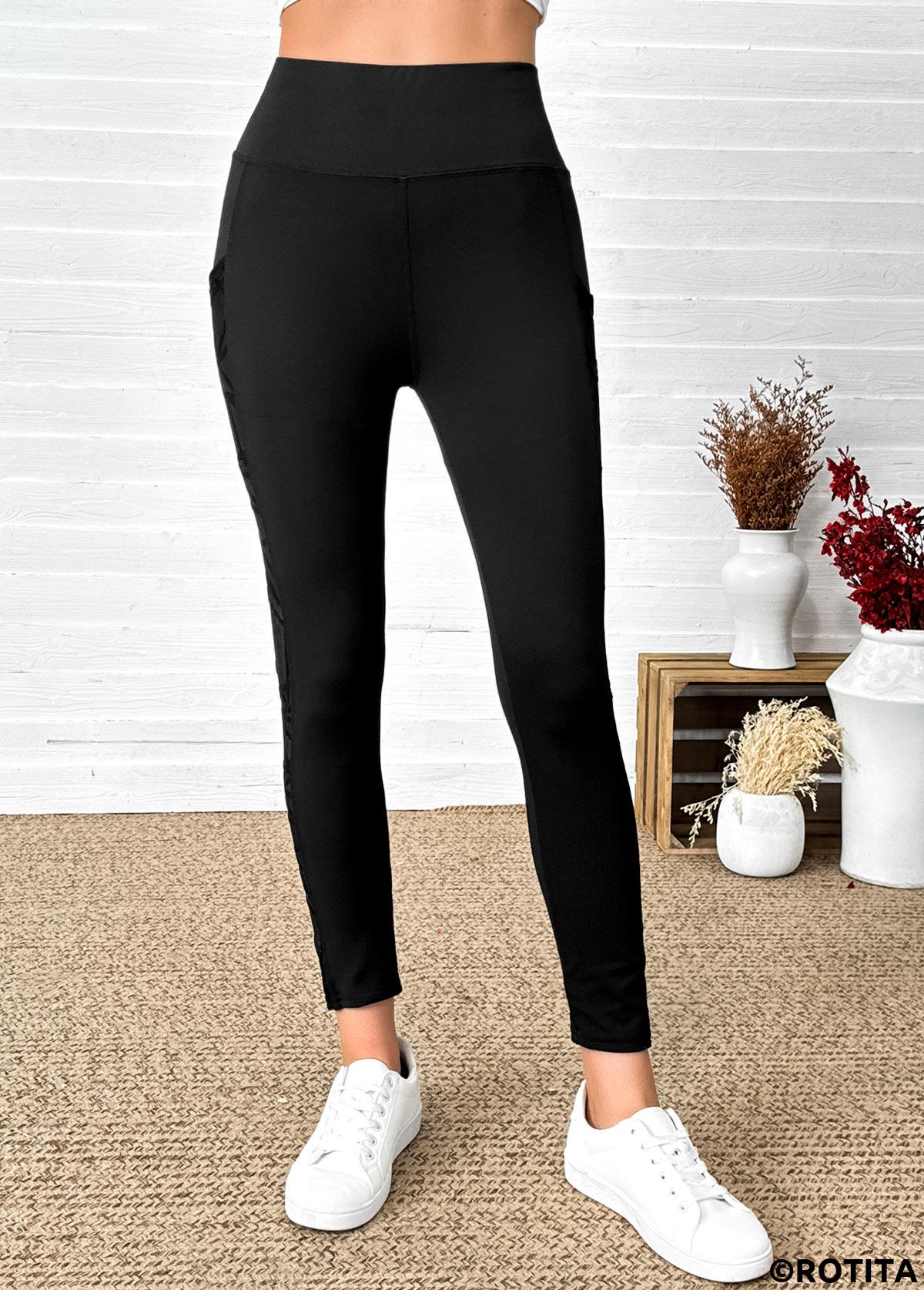Black bottoms,Plain Color bottoms,Black High Waisted Elastic Waist Ankle Length Leggings