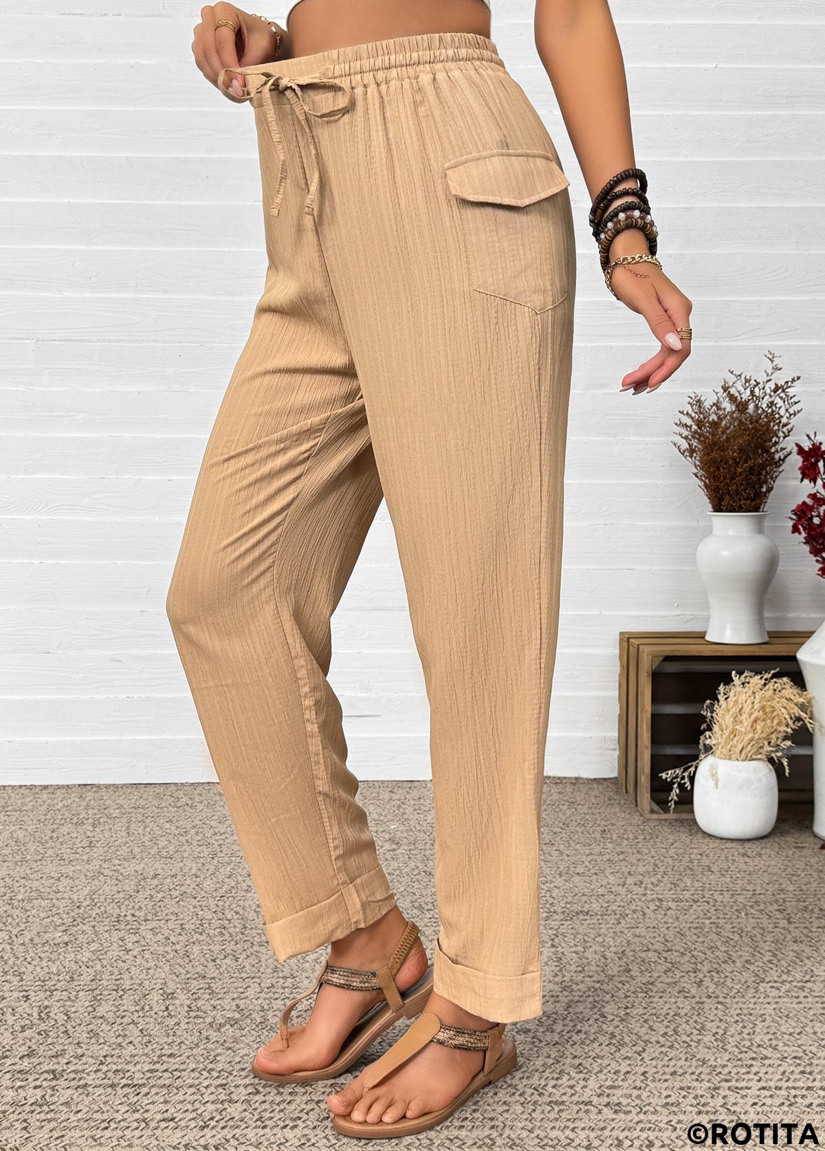 Dark Camel bottoms,Plain Color bottoms,Dark Camel Straight Leg Elastic Waist High Waisted Pants
