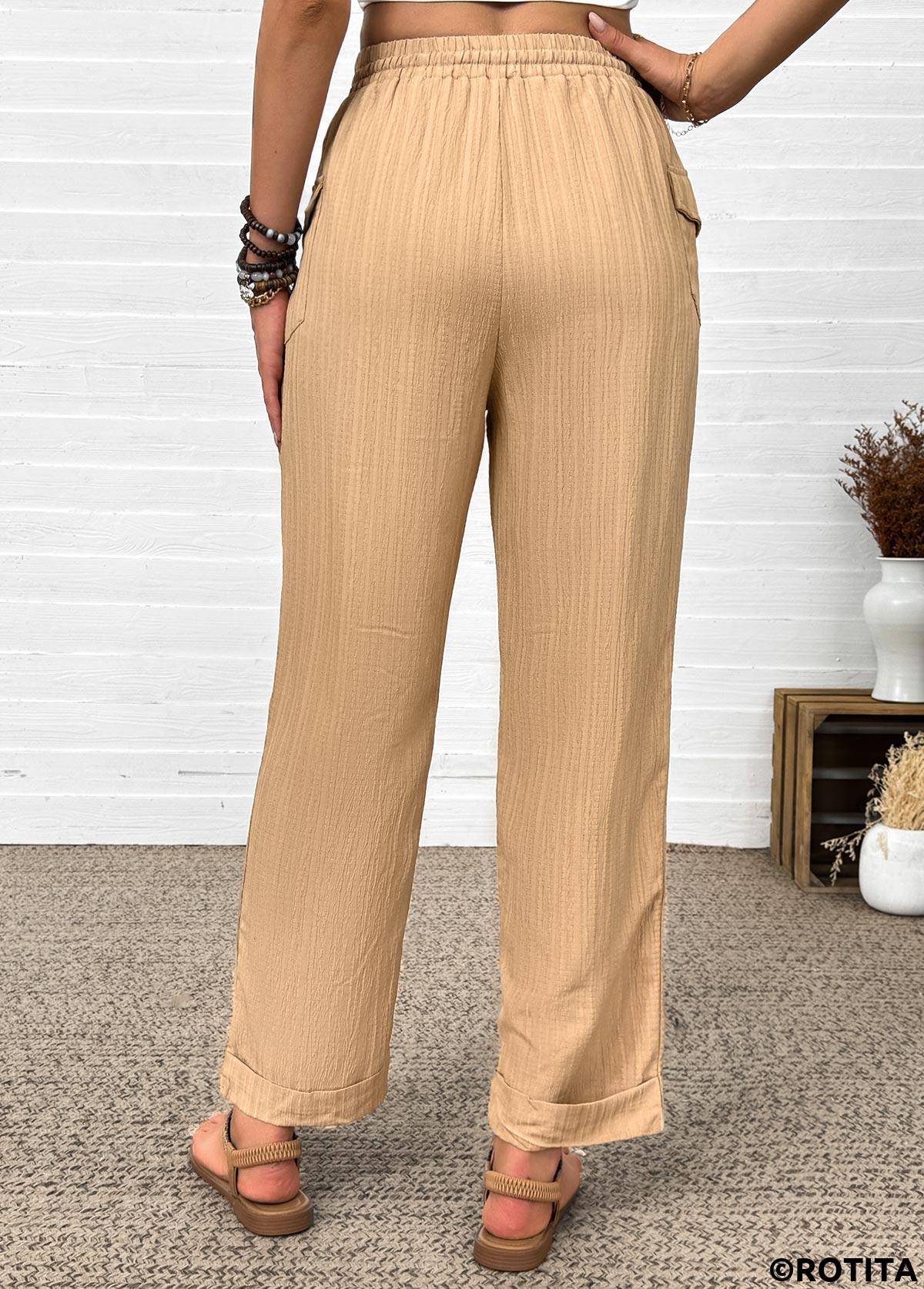 Dark Camel bottoms,Plain Color bottoms,Dark Camel Straight Leg Elastic Waist High Waisted Pants