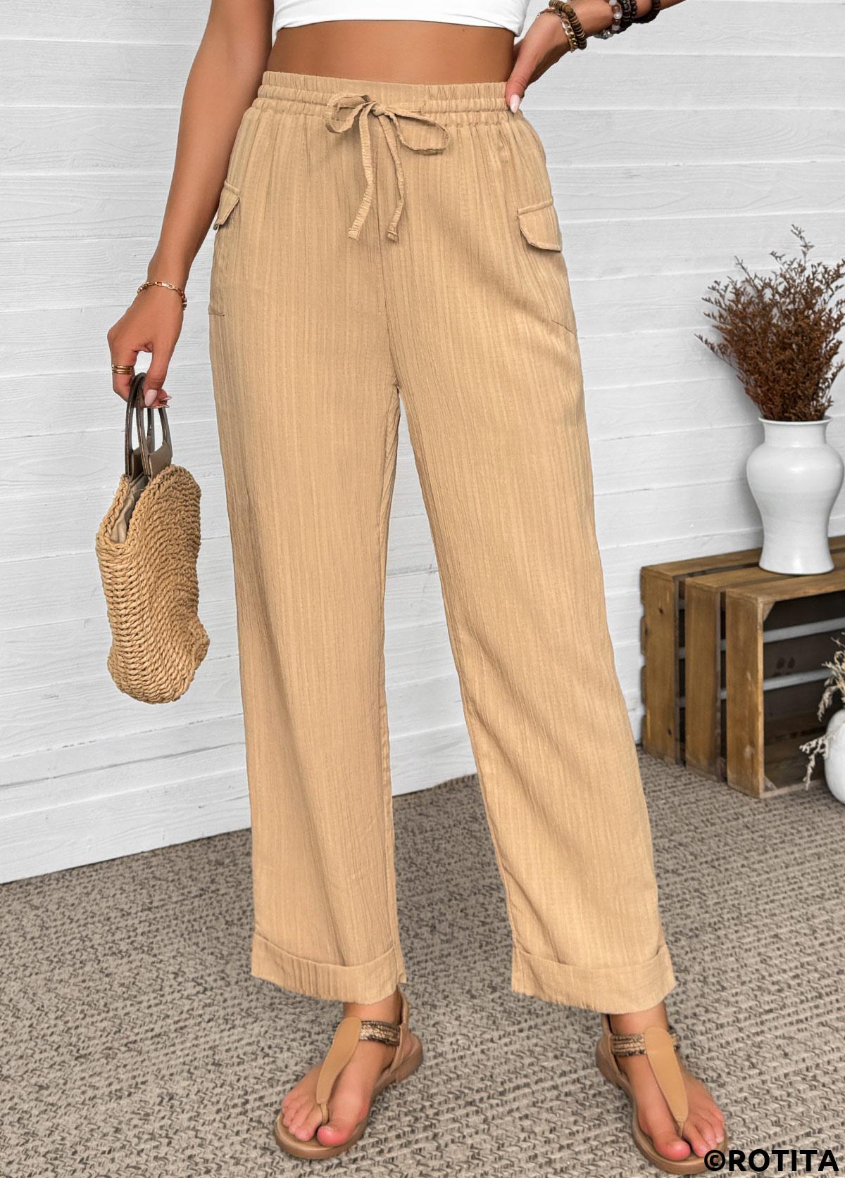 Dark Camel bottoms,Plain Color bottoms,Dark Camel Straight Leg Elastic Waist High Waisted Pants
