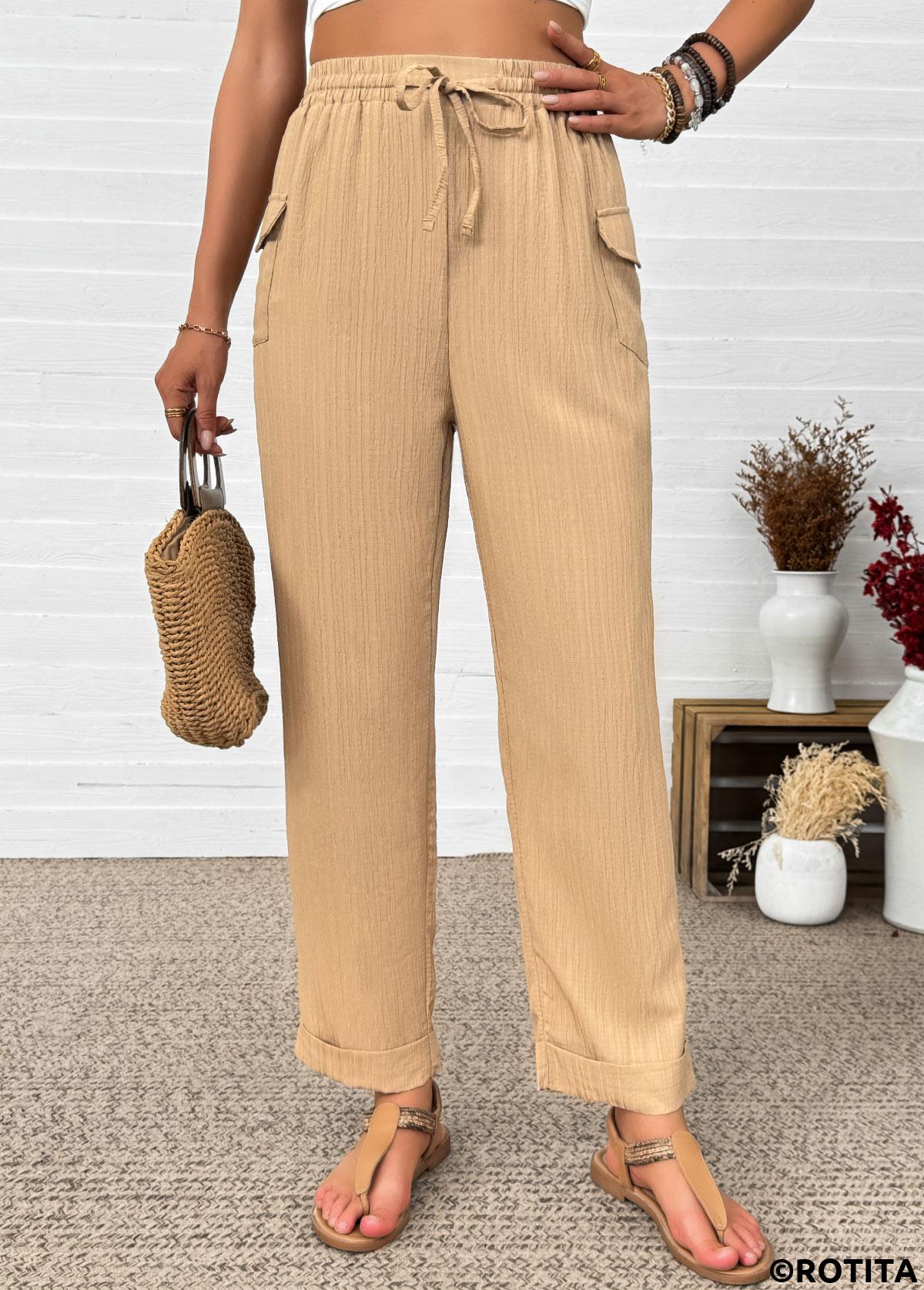 Dark Camel bottoms,Plain Color bottoms,Dark Camel Straight Leg Elastic Waist High Waisted Pants