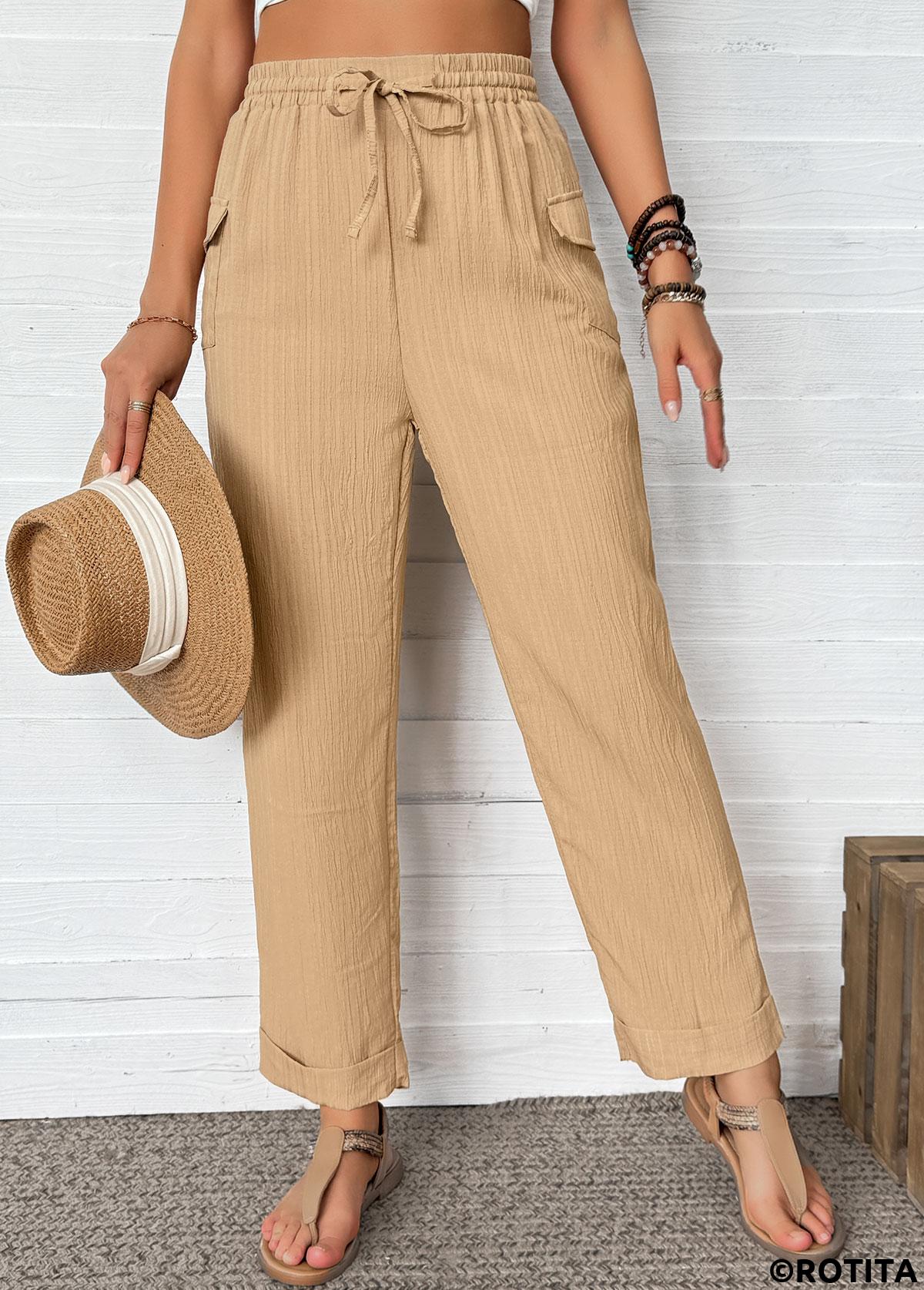 Dark Camel bottoms,Plain Color bottoms,Dark Camel Straight Leg Elastic Waist High Waisted Pants