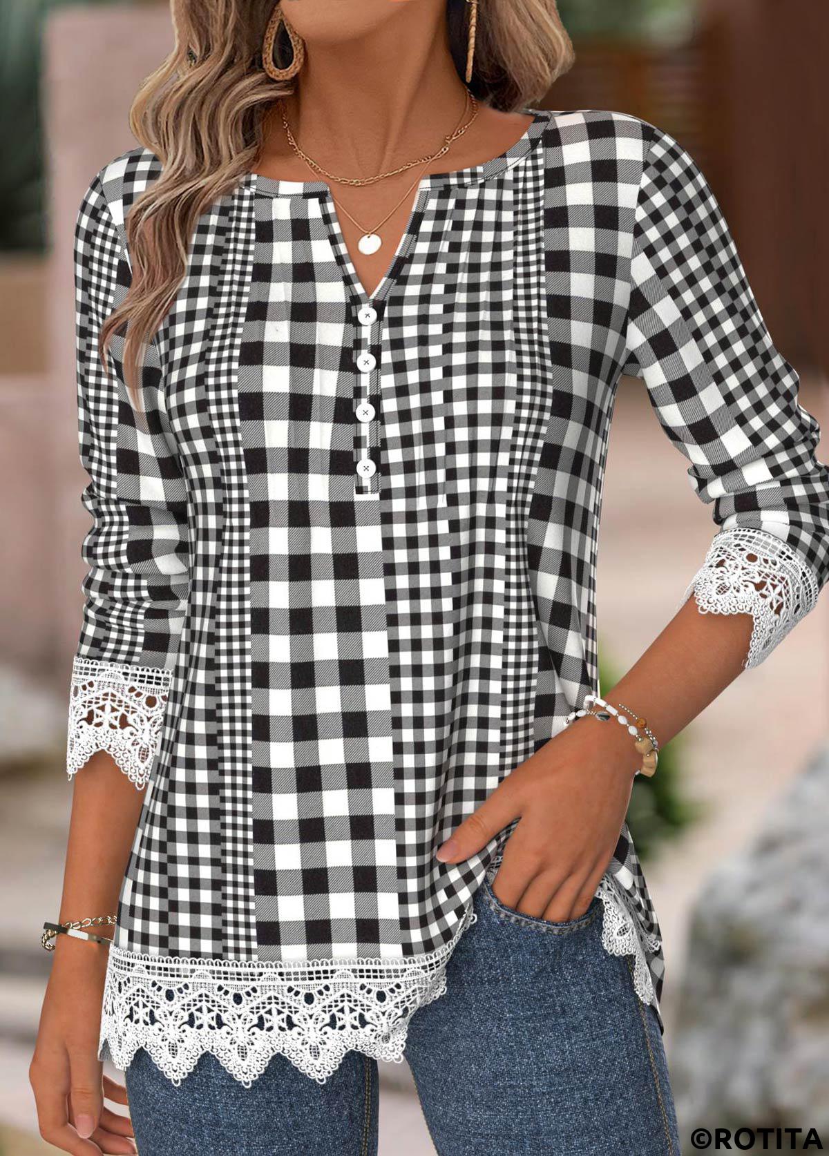 Black tops,Plaid tops,Geometric tops,ROTITA Gingham Print Black Split Neck Long Sleeve T Shirt