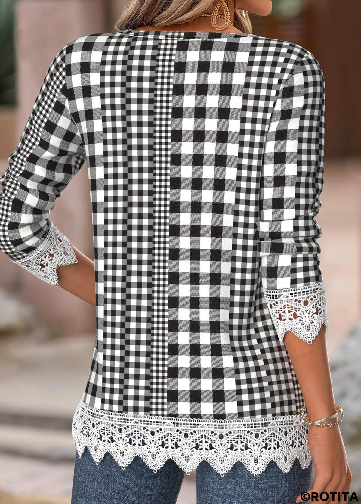 Black tops,Plaid tops,Geometric tops,ROTITA Gingham Print Black Split Neck Long Sleeve T Shirt