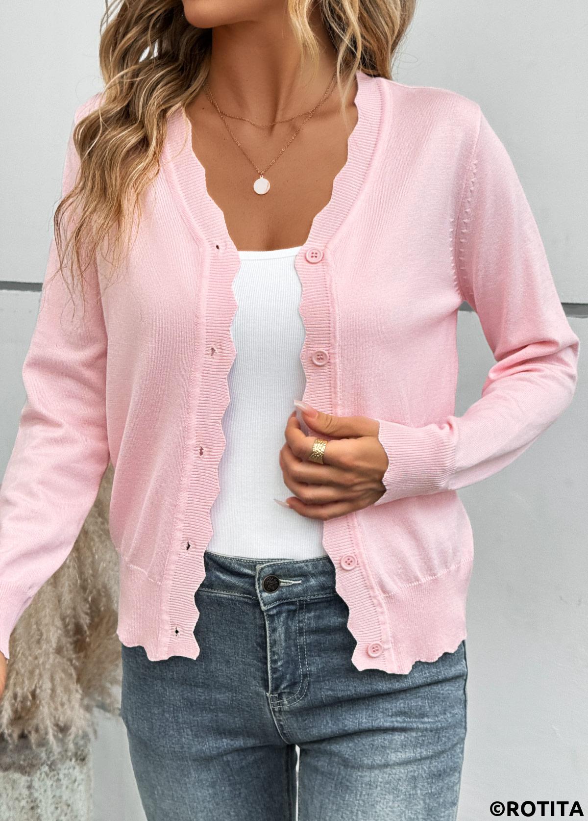 Pink tops,Plain Color tops,Tummy Coverage Pink V Neck Long Sleeve Light Cardigan