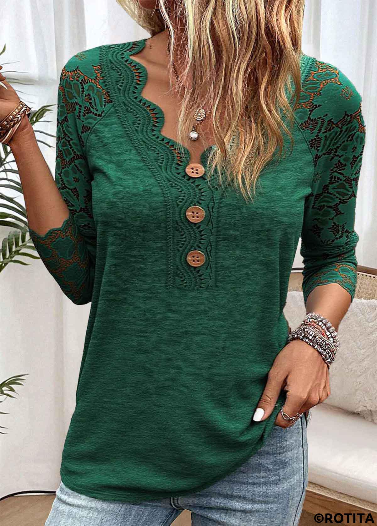 Blackish Green tops,Plain Color tops,ROTITA Blackish Green V Neck Long Sleeve T Shirt