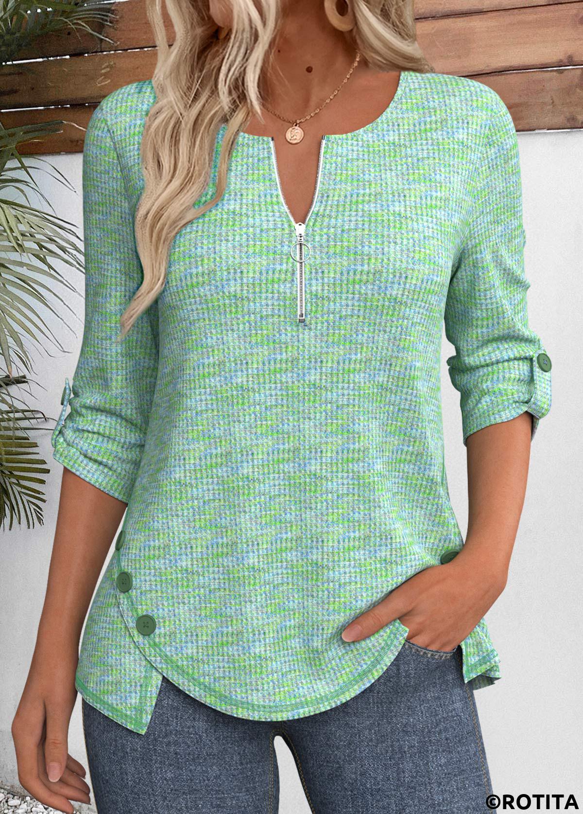 Cyan tops,Plain Color tops,ROTITA Cyan Split Neck 3/4 Sleeve T Shirt
