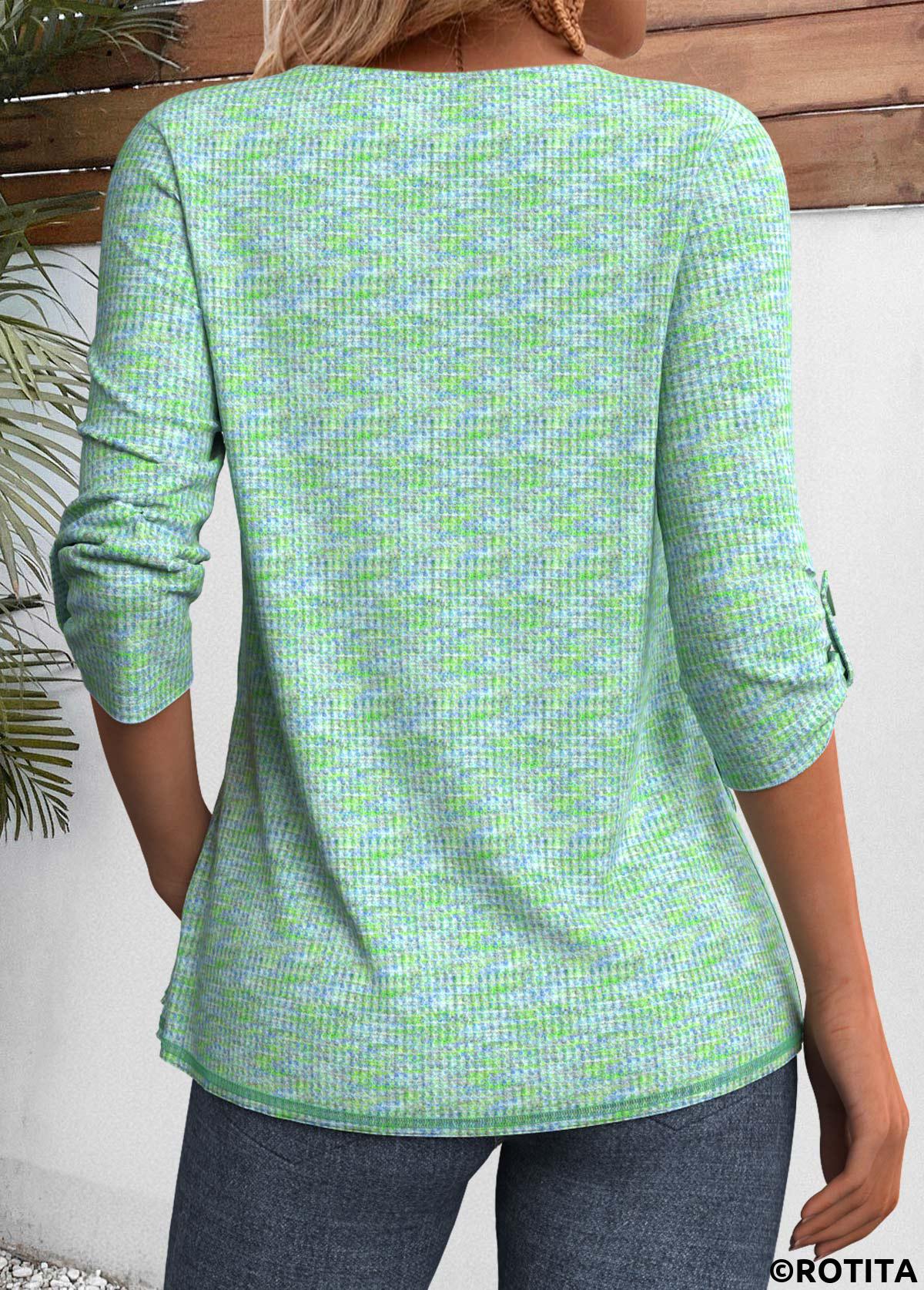 Cyan tops,Plain Color tops,ROTITA Cyan Split Neck 3/4 Sleeve T Shirt