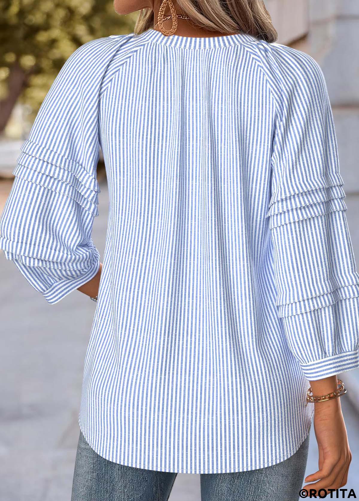 Blue tops,Striped tops,Geometric tops,ROTITA Striped Blue Split Neck 3/4 Sleeve Blouse