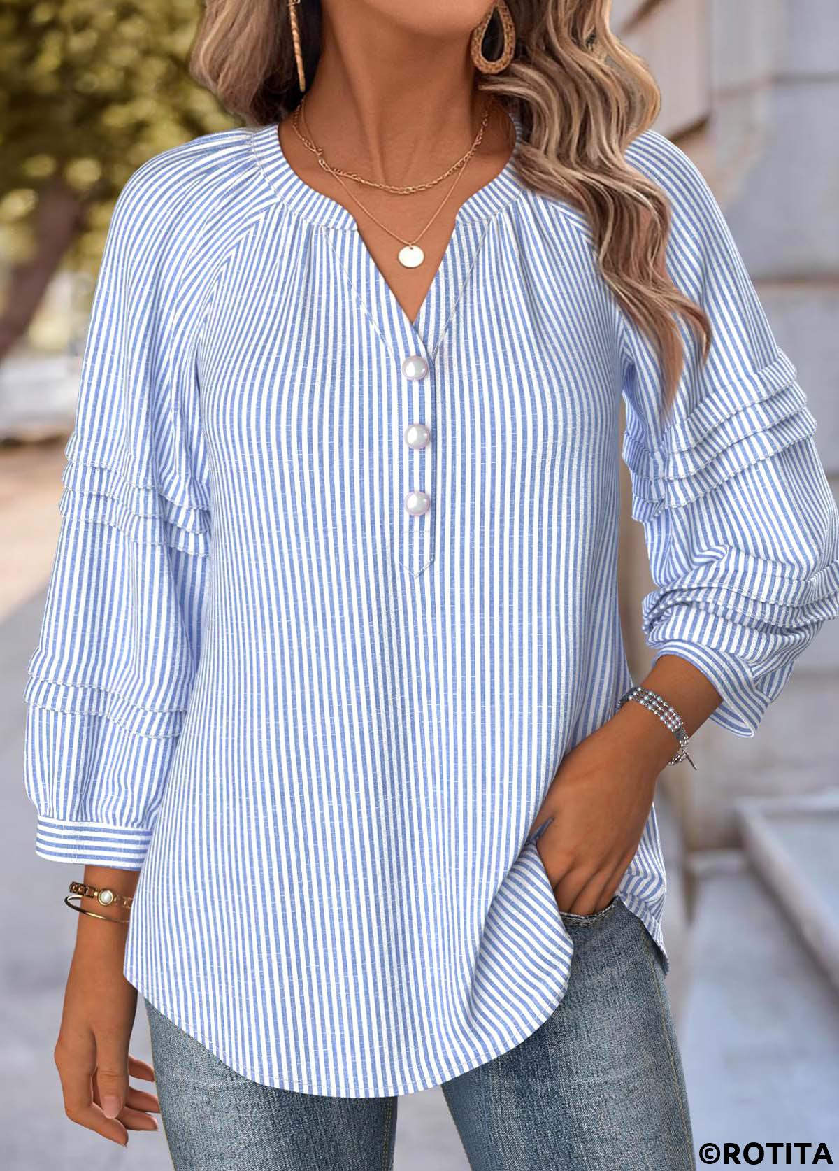 Blue tops,Striped tops,Geometric tops,ROTITA Striped Blue Split Neck 3/4 Sleeve Blouse