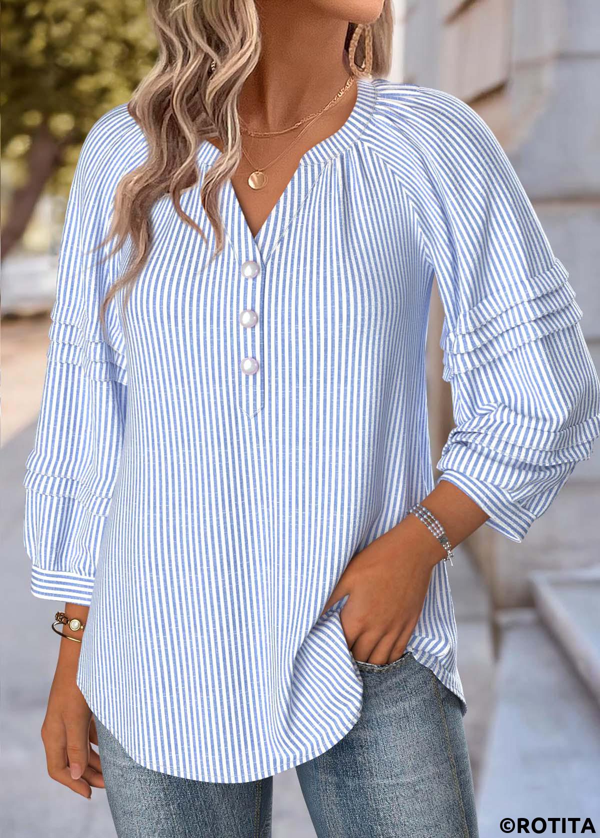 Blue tops,Striped tops,Geometric tops,ROTITA Striped Blue Split Neck 3/4 Sleeve Blouse