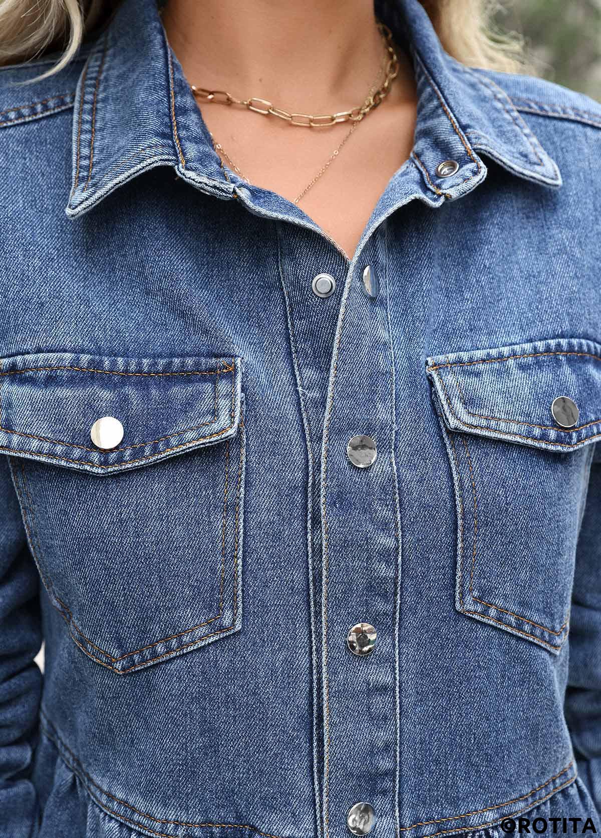 Denim Blue tops,Plain Color tops,Tummy Coverage Denim Blue Turn Down Collar Coat